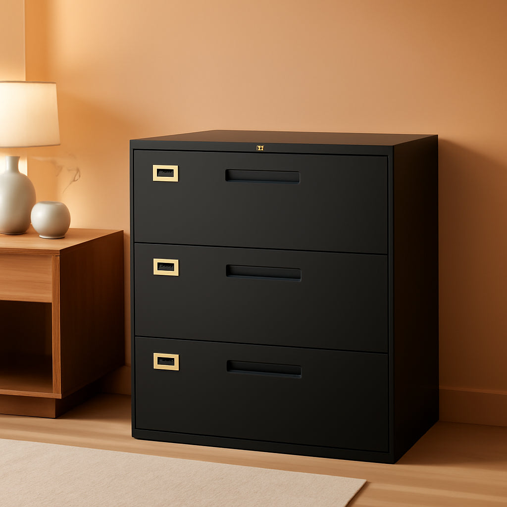 Lateral 3 Drawer File Cabinet With Lock Black Office
