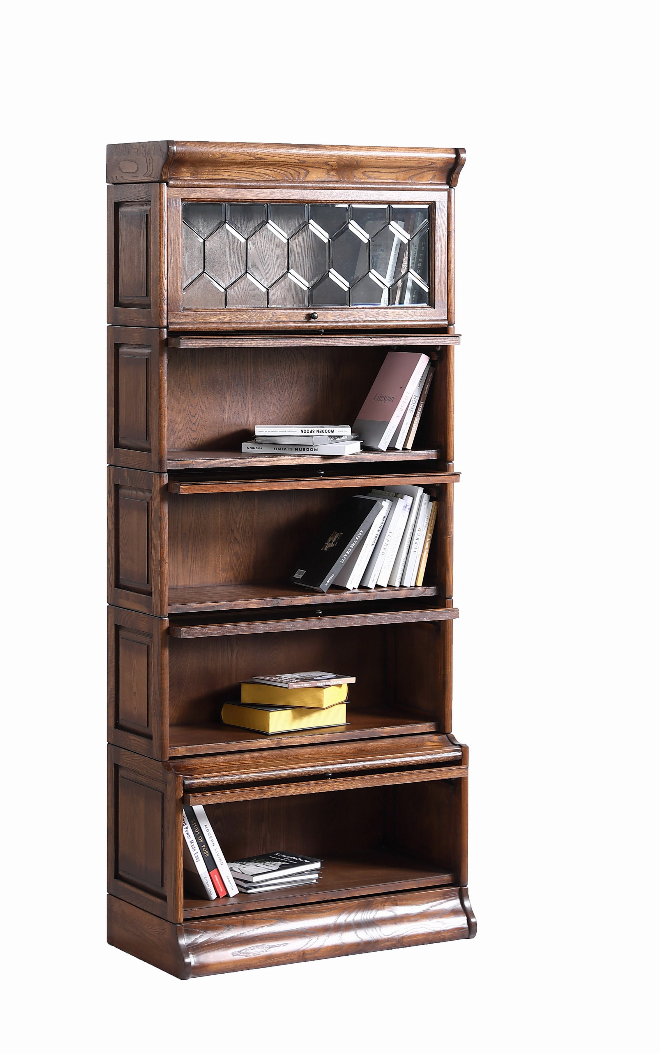 Mission Style Oak Barrister Bookcase 5 Stack-Leaded Glass in 2 Colors