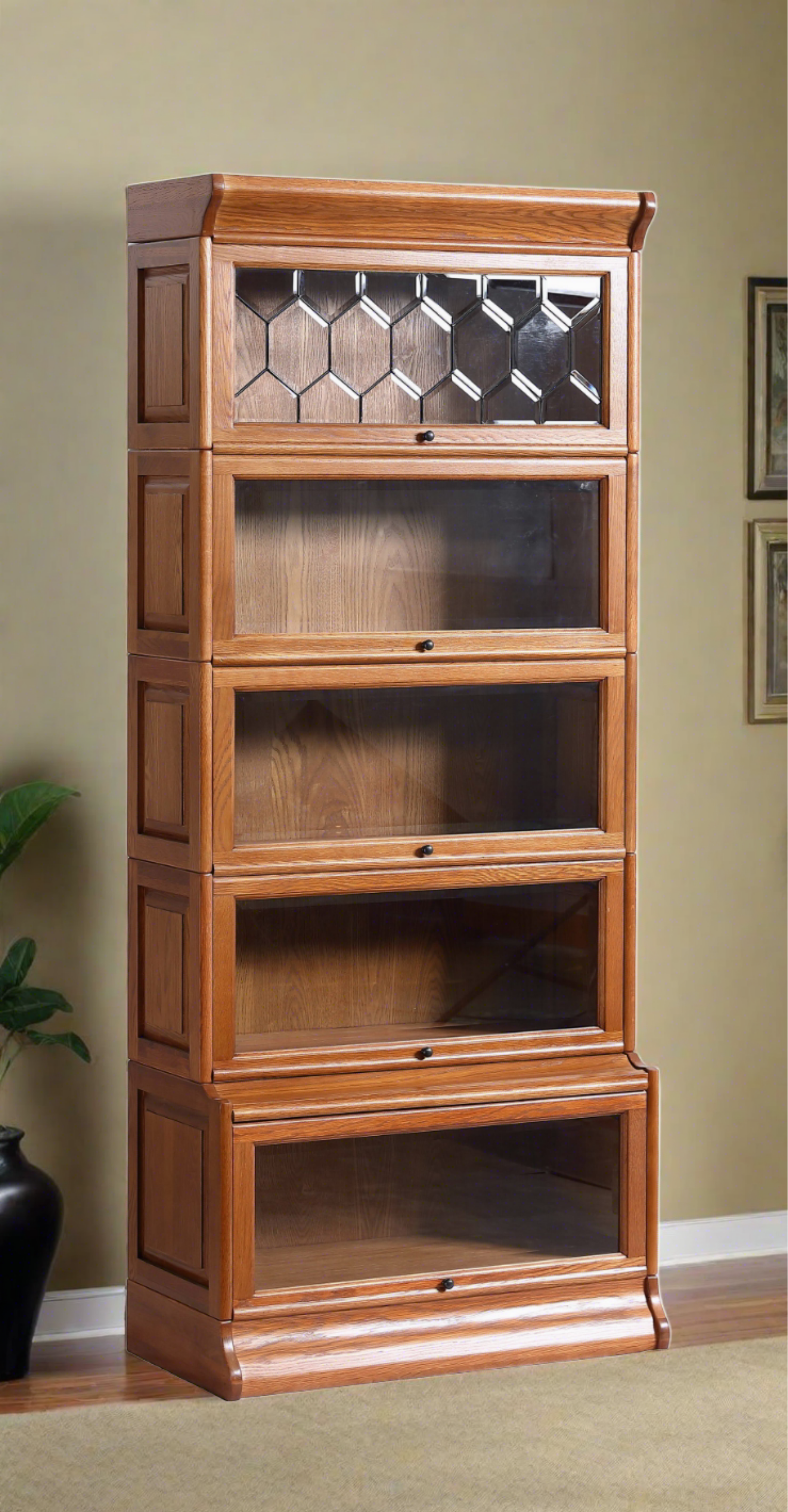 Mission Style Oak Barrister Bookcase 5 Stack-Leaded Glass in 2 Colors
