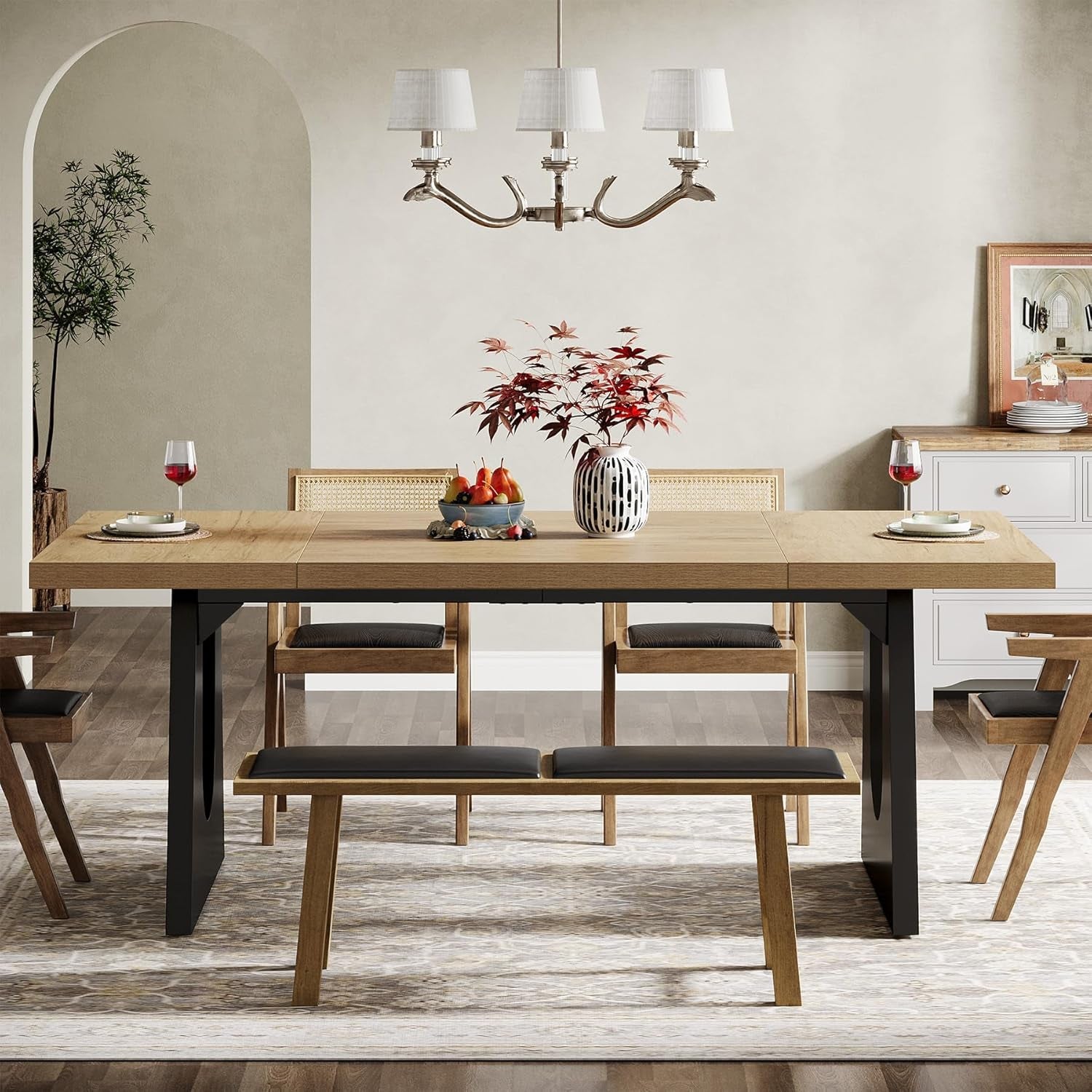 Oak And Black Rustic Dining Table 70.9 Inch For 6 To 8 People