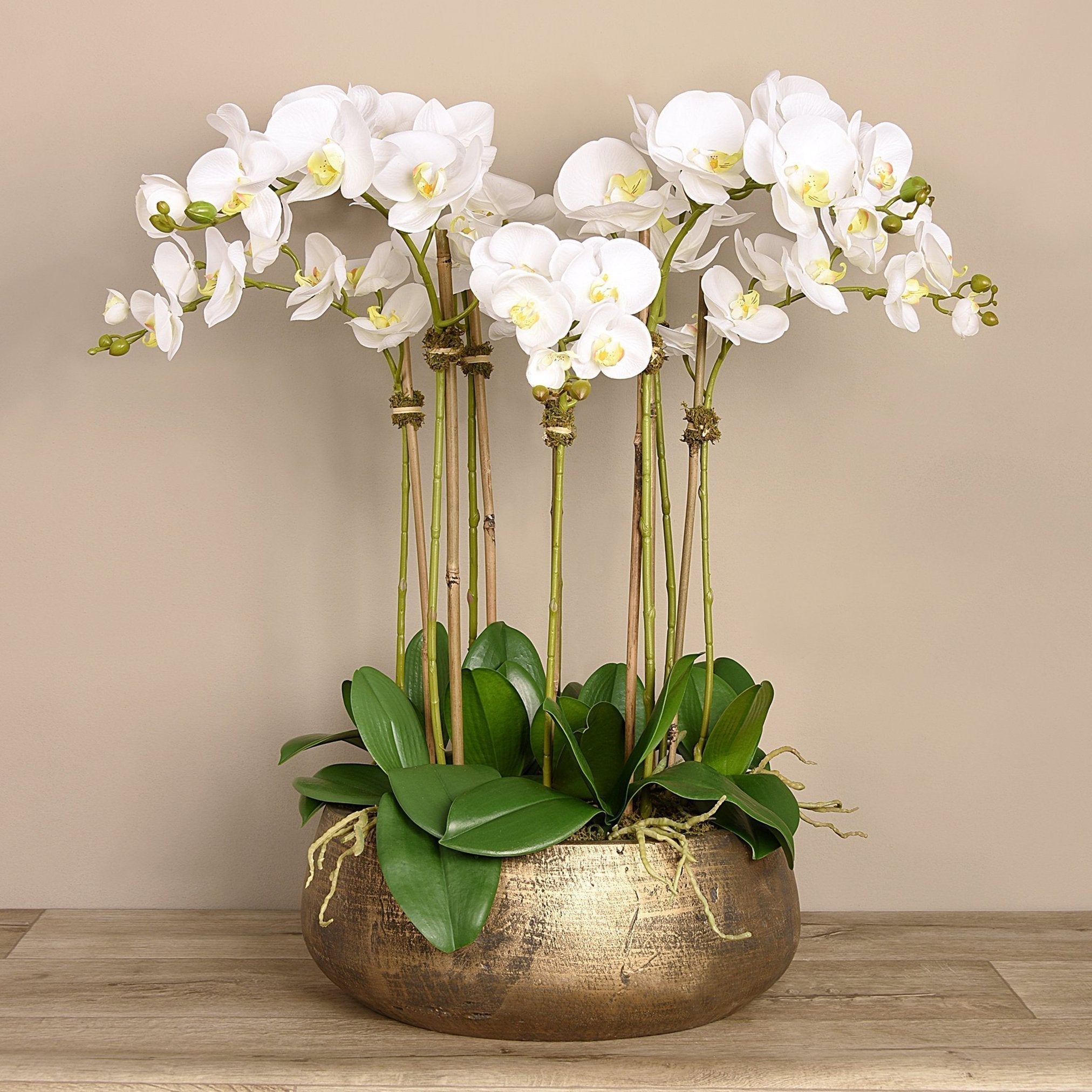 Faux white orchid arrangement in matte gold planter-0