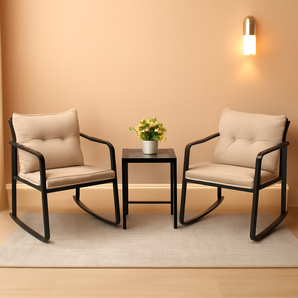 Beige 3 Piece Rocking Patio Bistro Set With Tempered Glass Coffee Table For Outdoor Furniture