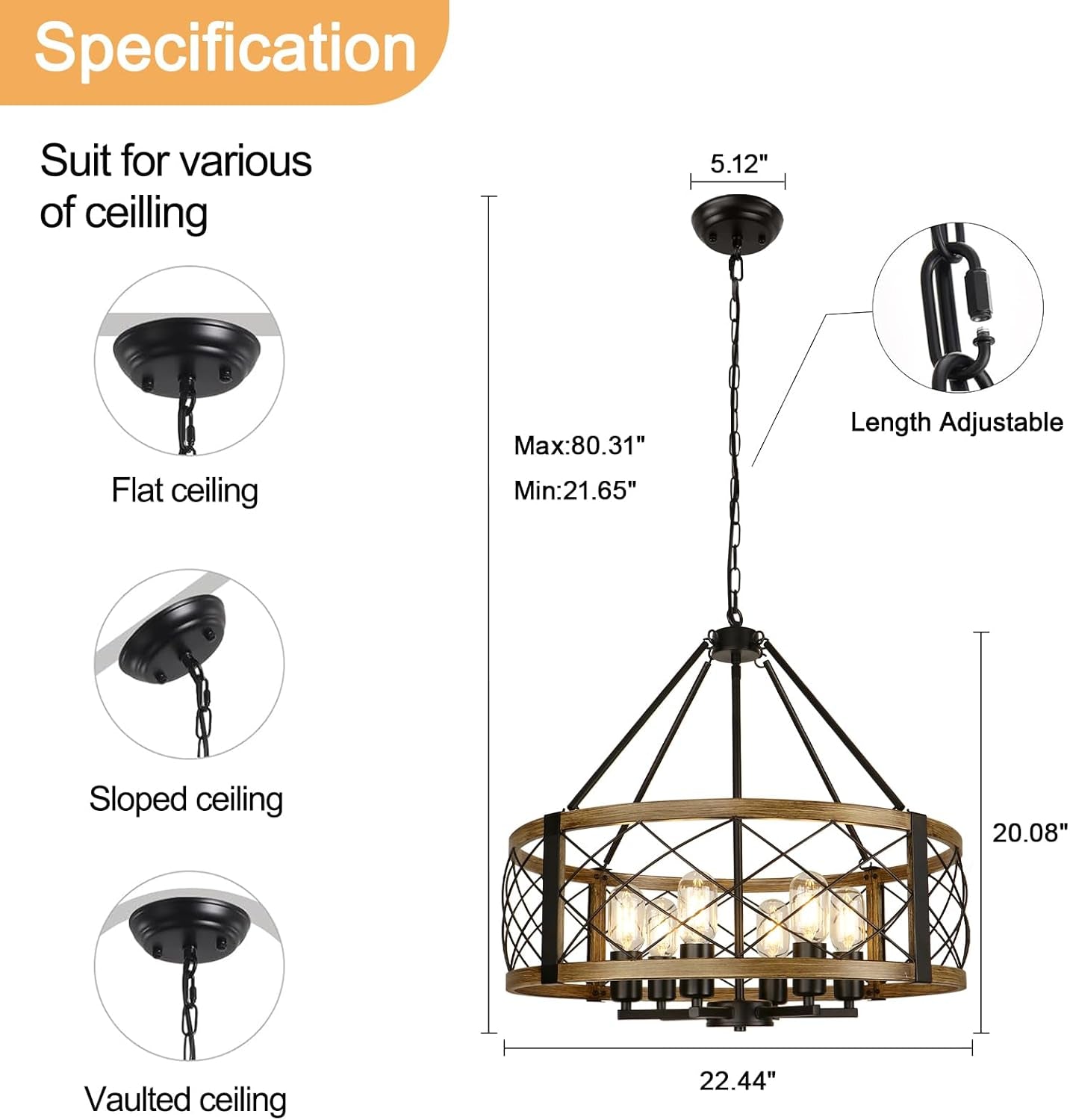 Six Light Walnut Wood Grain Finish Farmhouse Chandelier-1