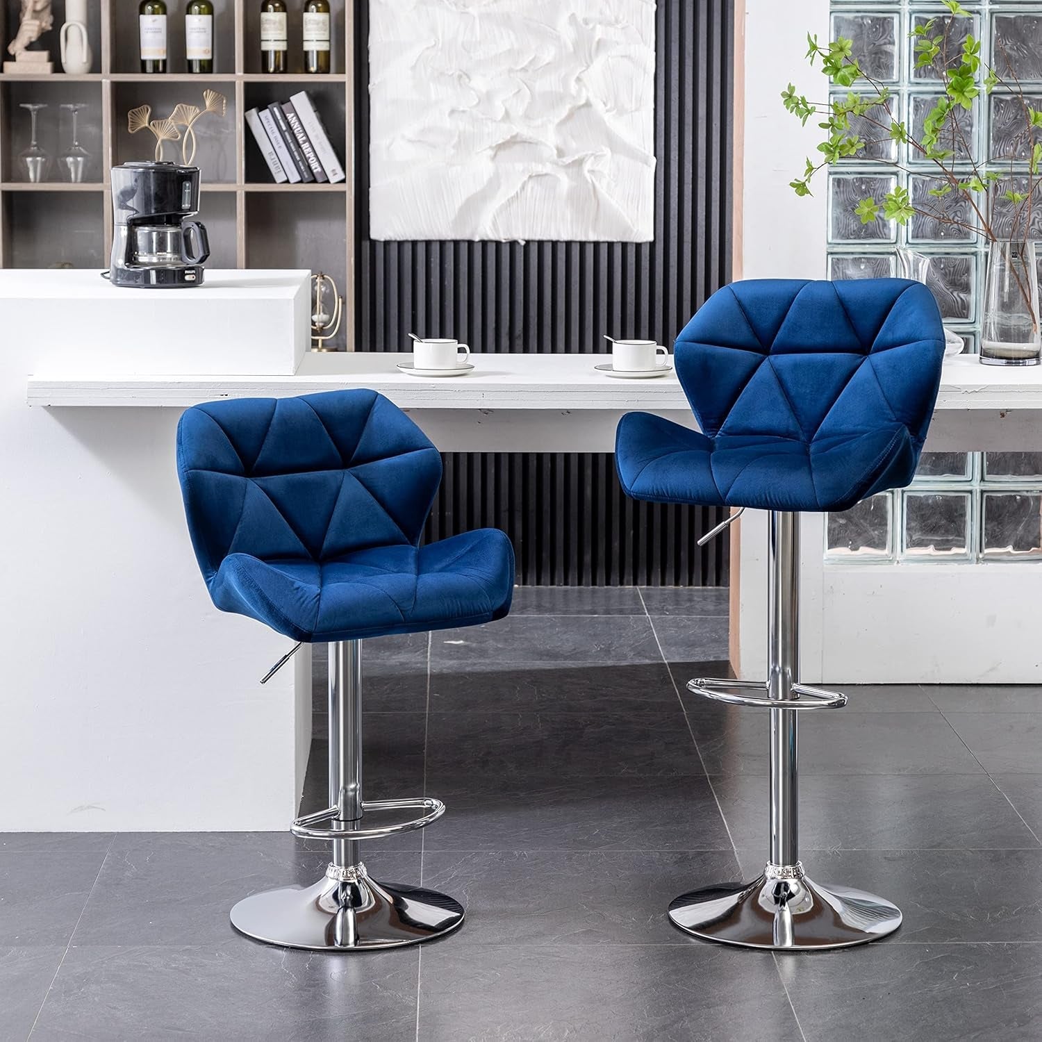 Velvet Diamond Tufted Swivel Barstools Blue Adjustable Height Set of 2