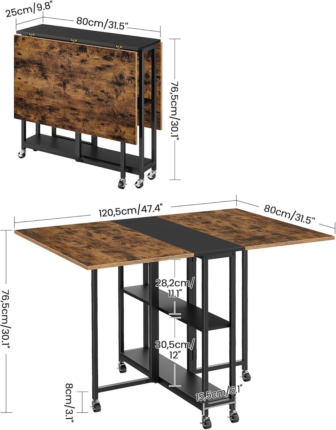 Rustic Brown Expandable Folding Dining Table With 6 Wheels