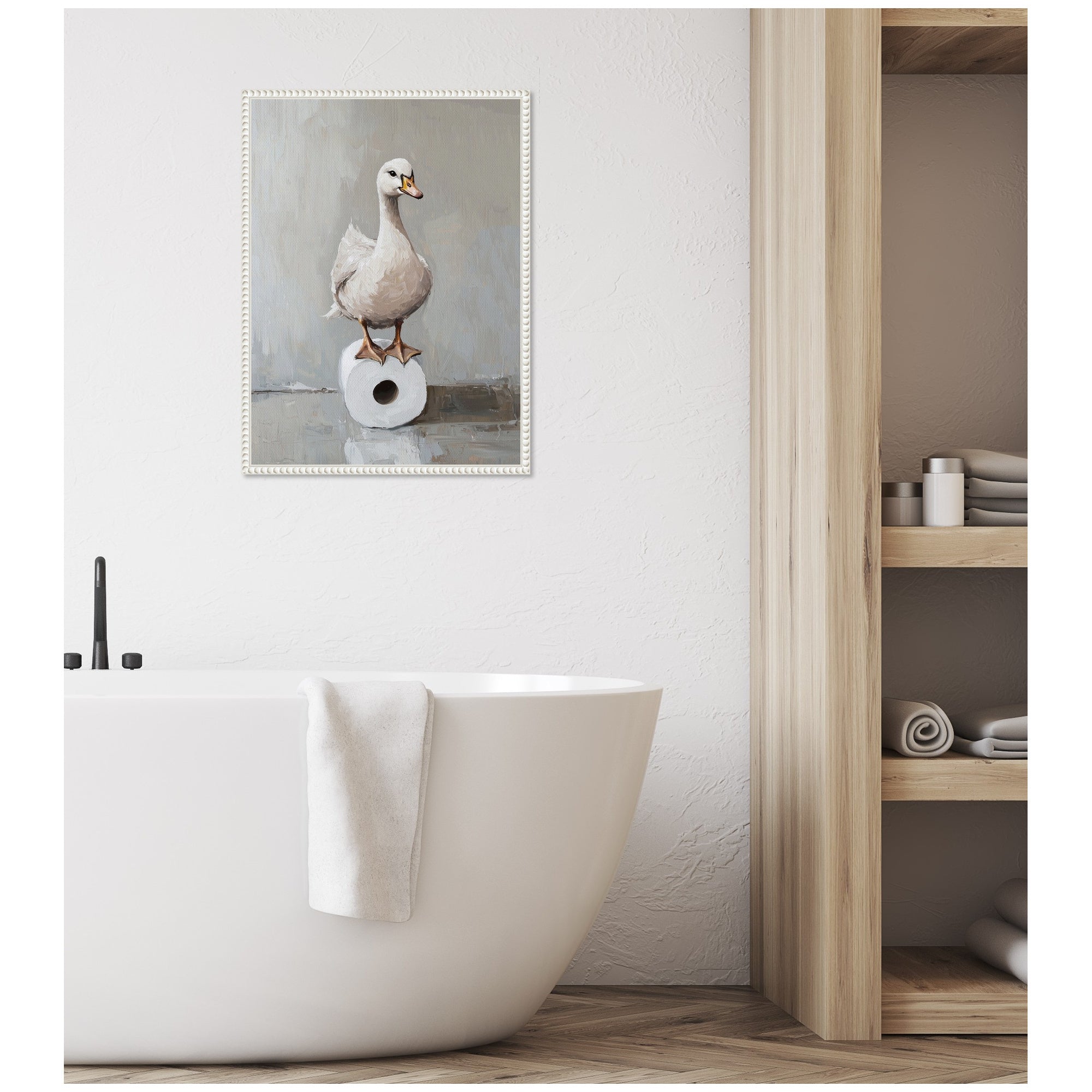 Sylvie Goose Standing on a Toilet Paper Roll Bathroom Art Framed Canvas by The Creative Bunch Studio