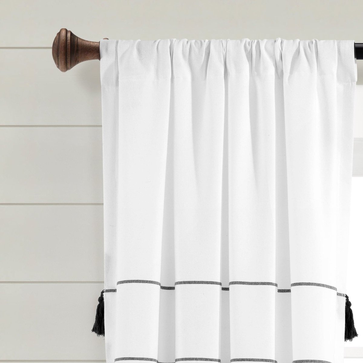 Farmhouse Boho Stripe Woven Tassel Yarn Dyed Recycled Cotton Blend Window Curtain Panel Set