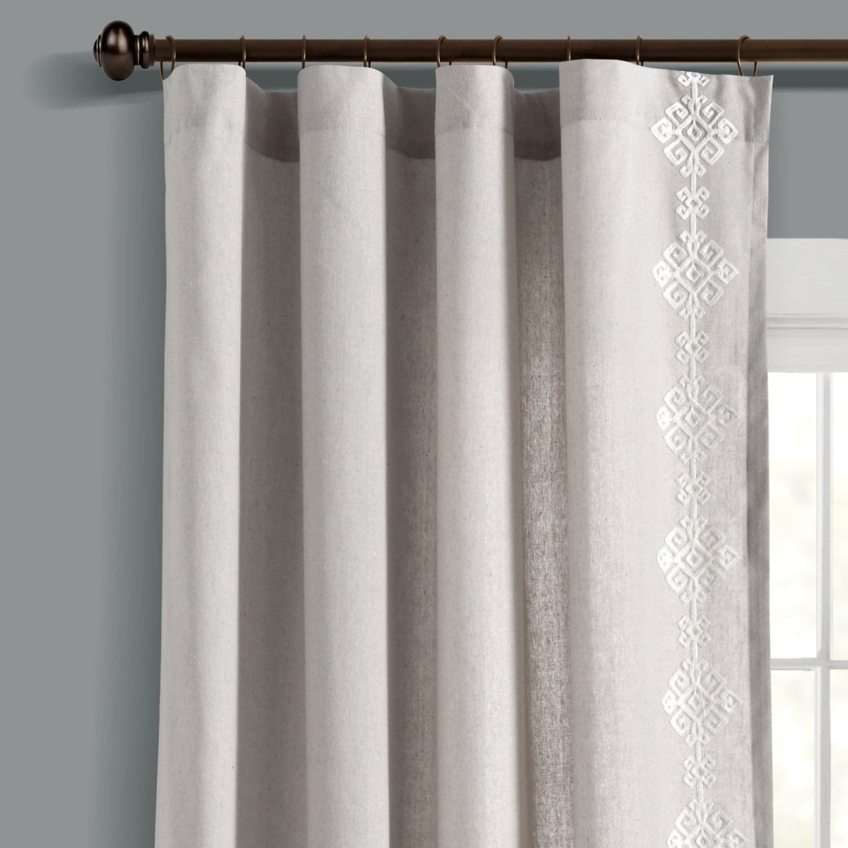Luxury Modern Geo Linen Like Embroidery Border Window Curtain Panel