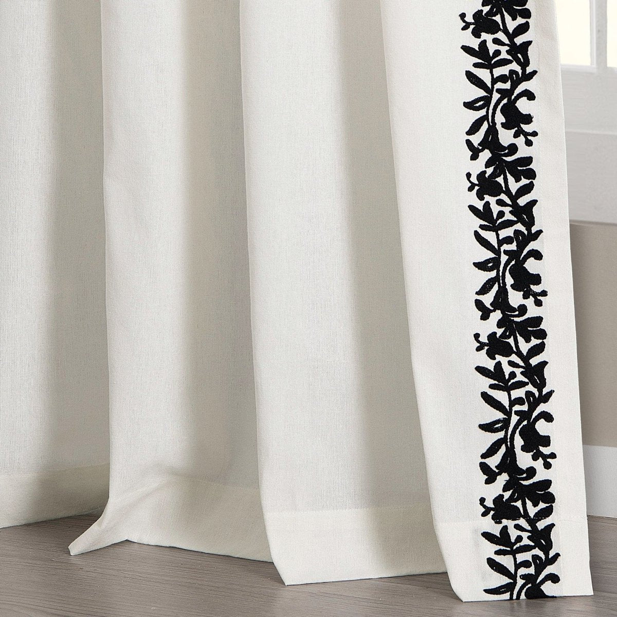 Luxury Modern Flower Linen Like Embroidery Border Window Curtain Panel