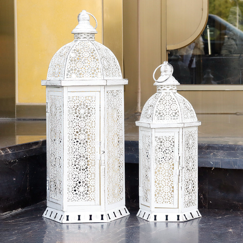 2 Set of 15 and 19.5"High White Rustic Metal Lanterns-4