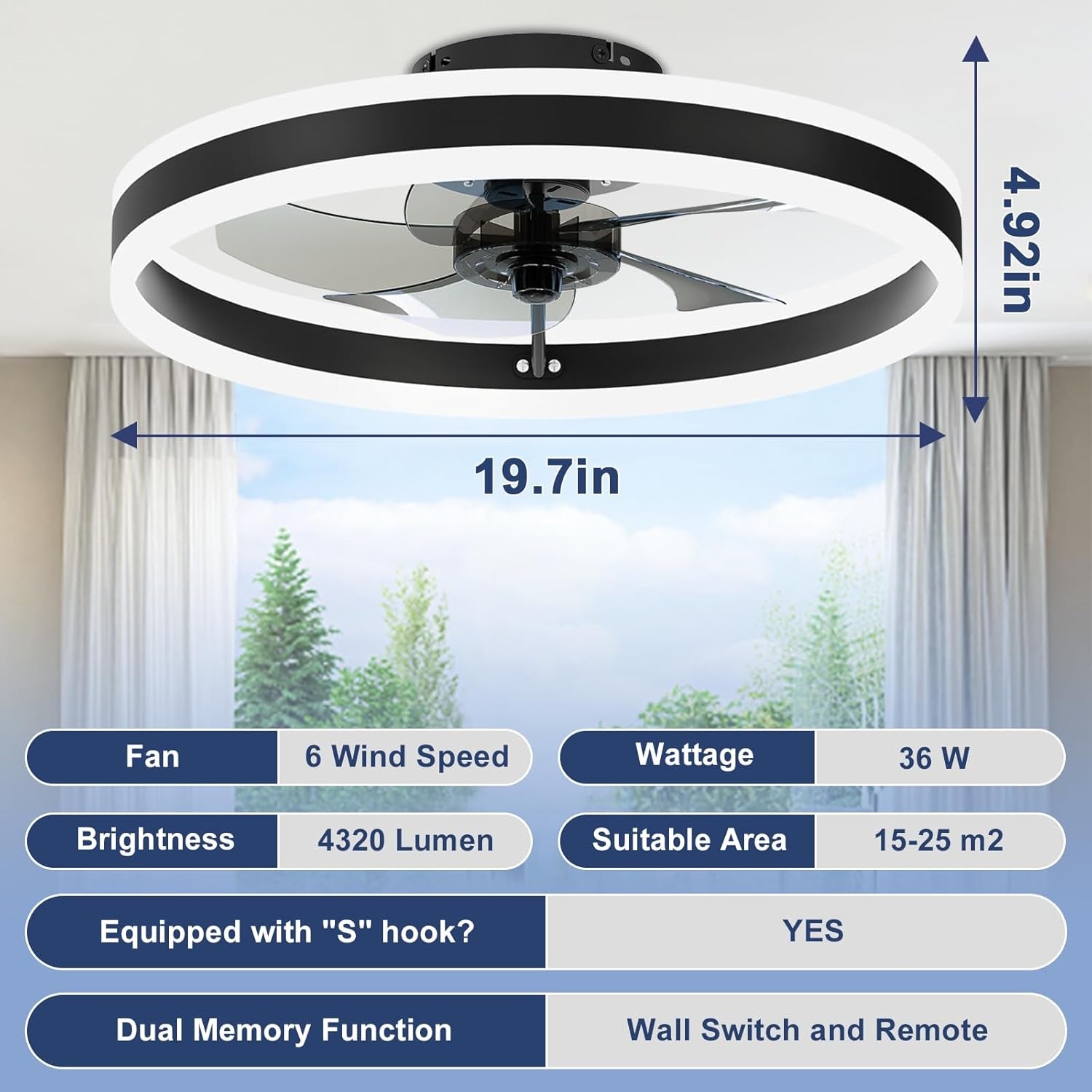 19.7In Black Bladeless Ceiling Fan With Light And Remote