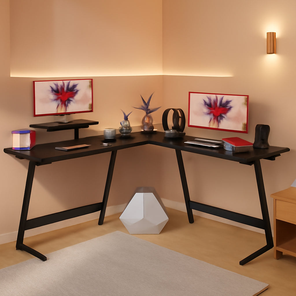Sturdy L Shaped Gaming Desk With Monitor Riser Corner