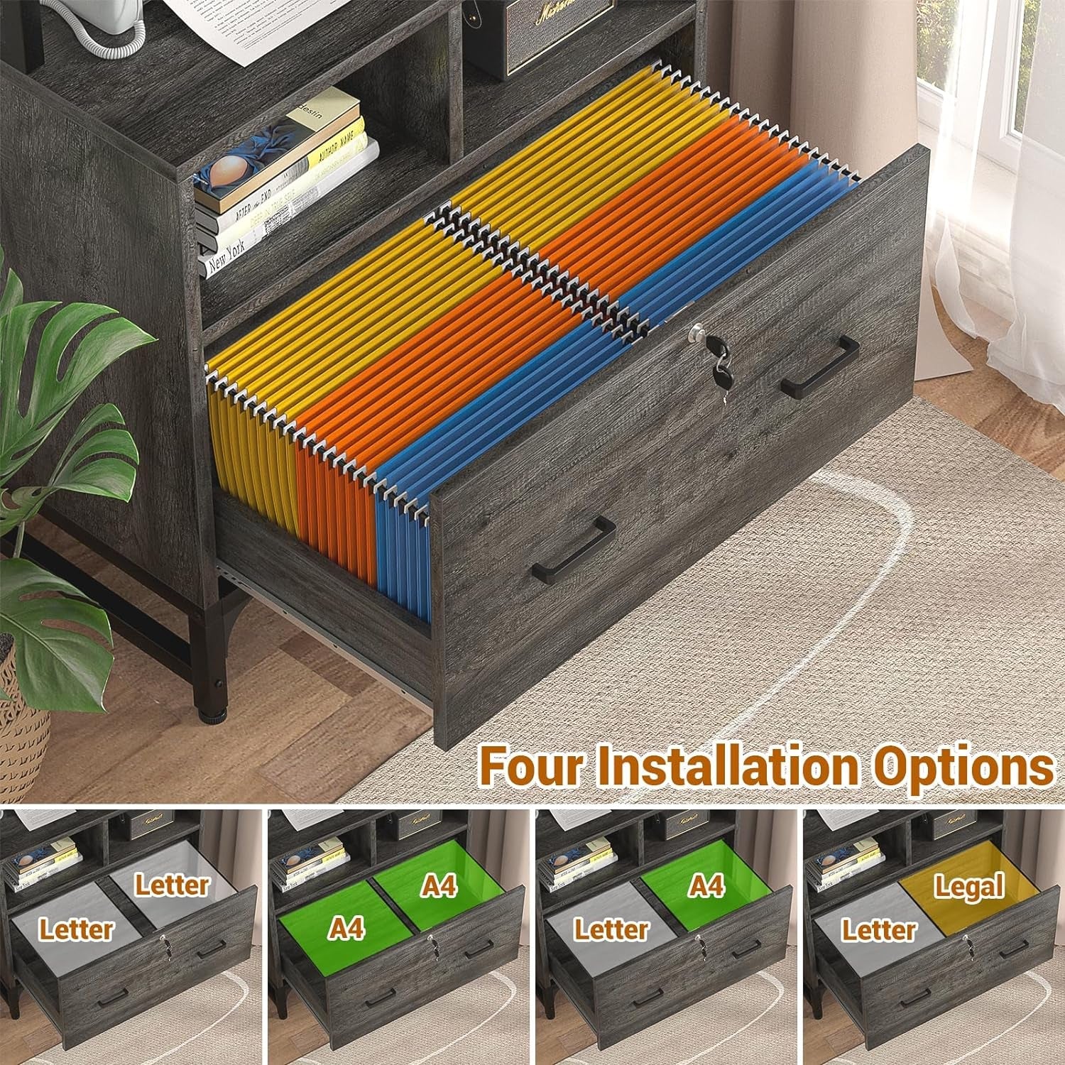 Grey File Cabinet With Charging Station And Locking Drawer