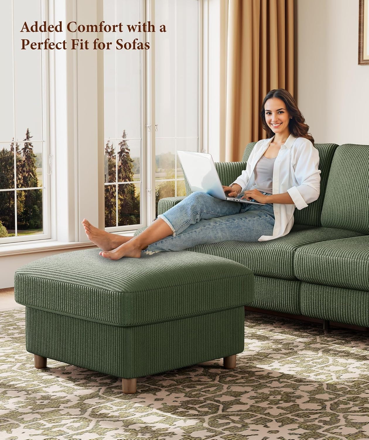 Emerald Corduroy Storage Ottoman 25 Inch Cushioned