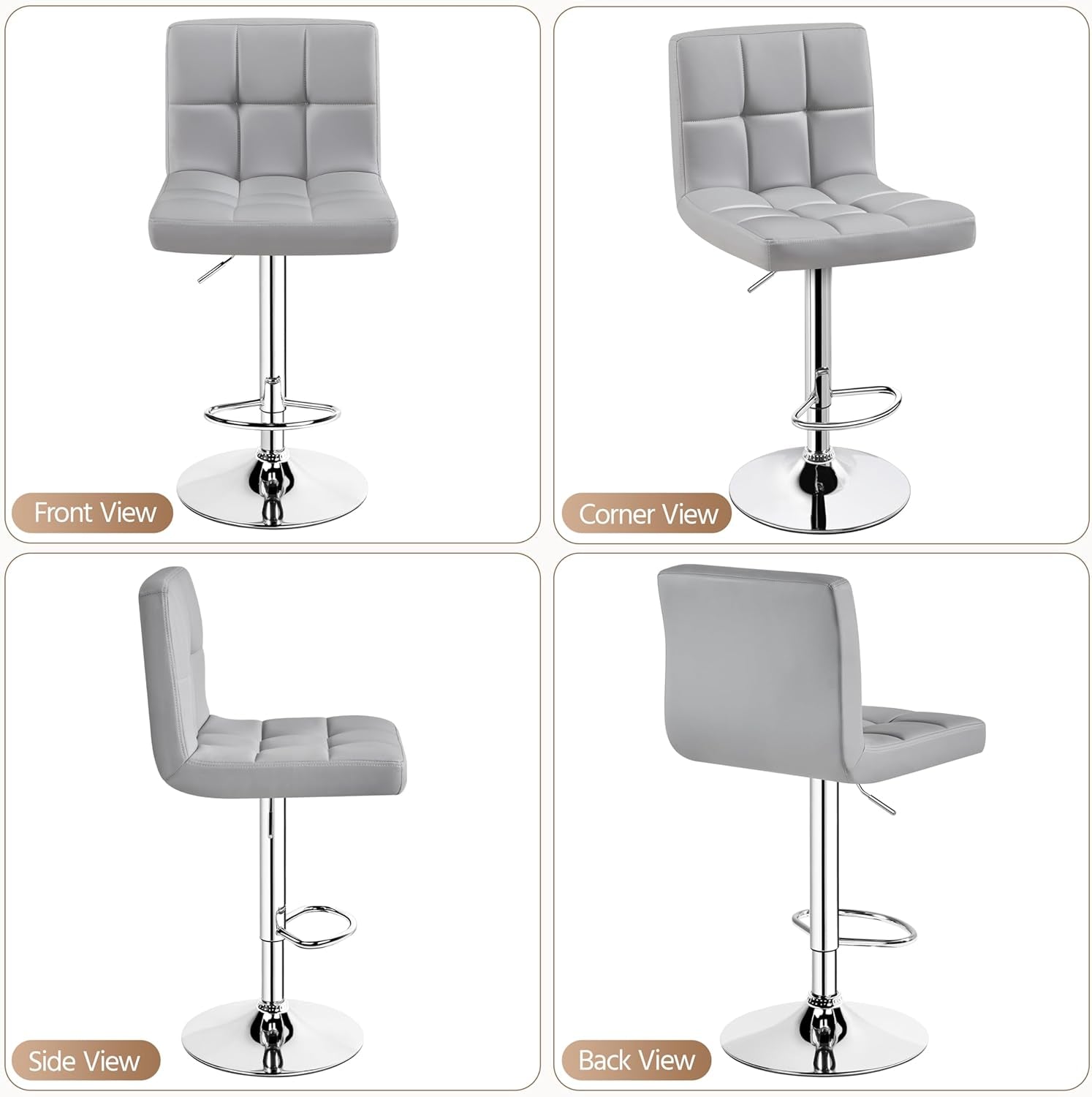 Bar Stools 2 Pack Adjustable Gray PU Leather Counter Height