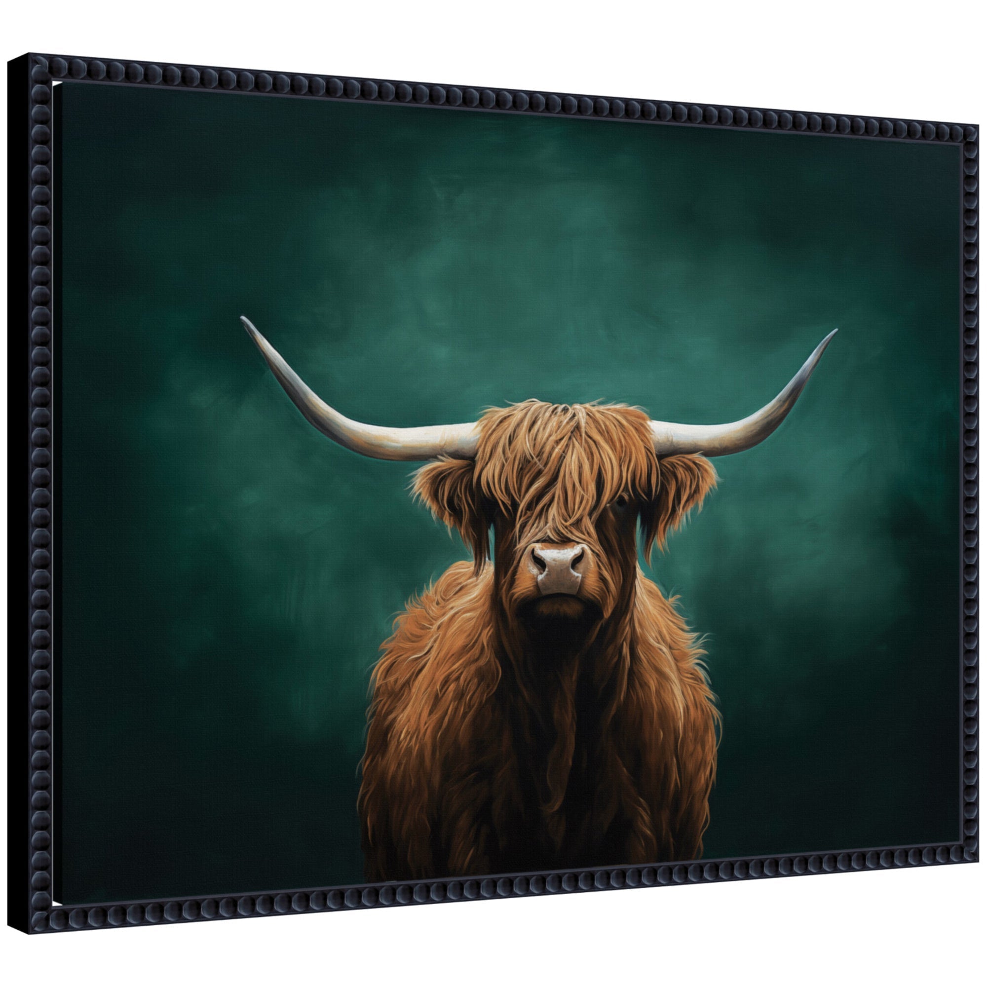 Highland Cow on Tonal Teal Green Abstract by The Creative Bunch Studio Framed Canvas Wall Art Print