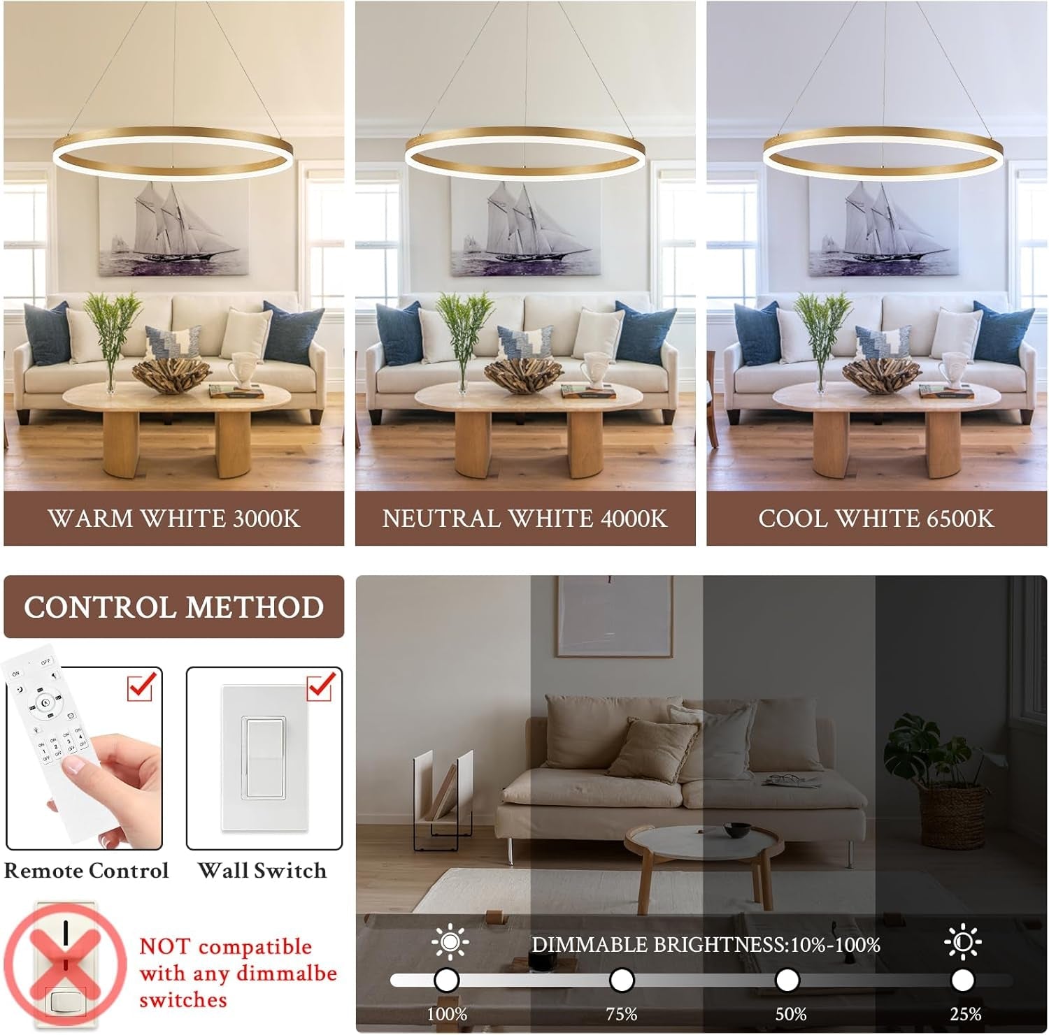 Gold Ring LED Dimmable Pendant Light Chandelier 36 W-1