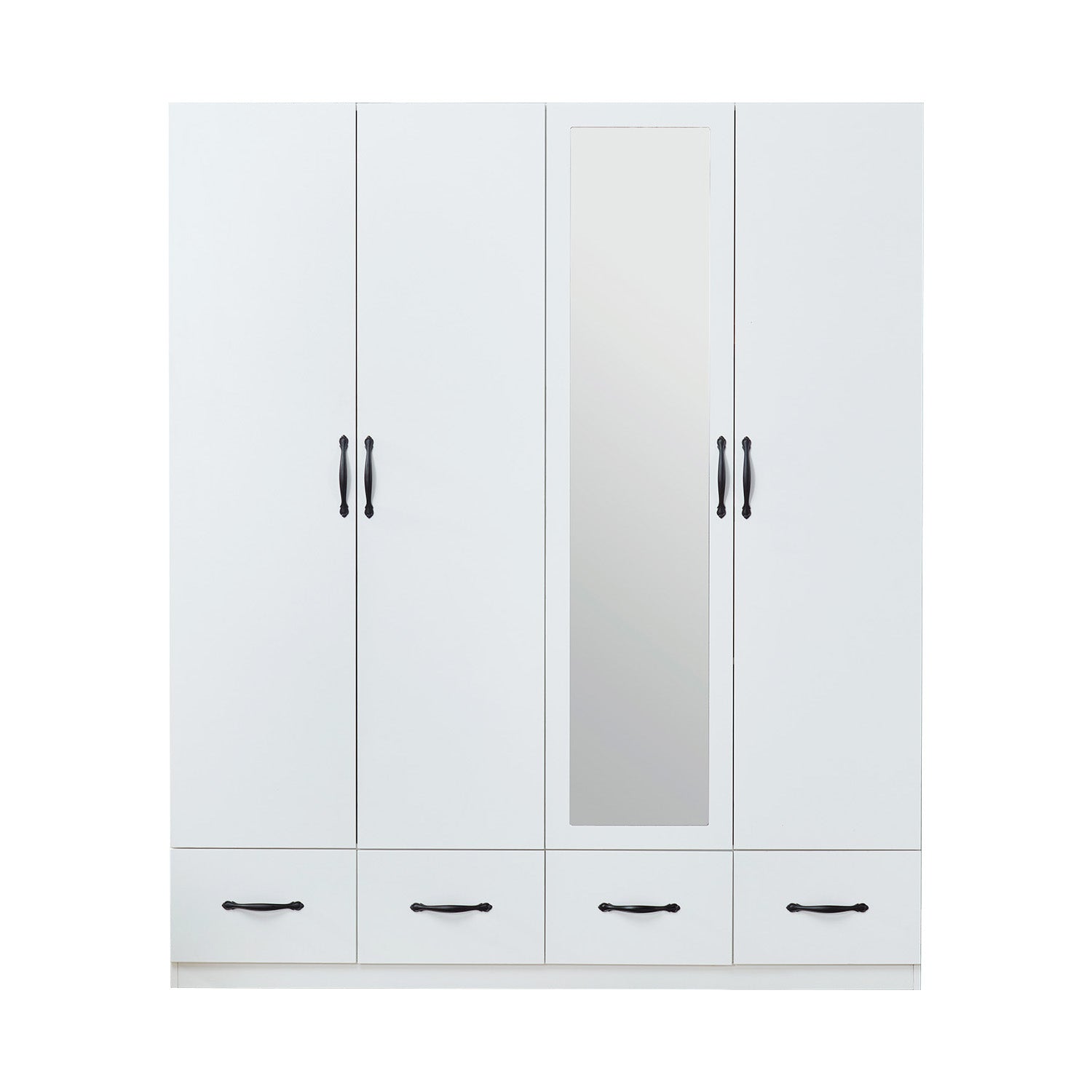 White Mirror Wardrobe Closet – 4-Door Wooden Freestanding Armoire with Shelves & Hanging Rod