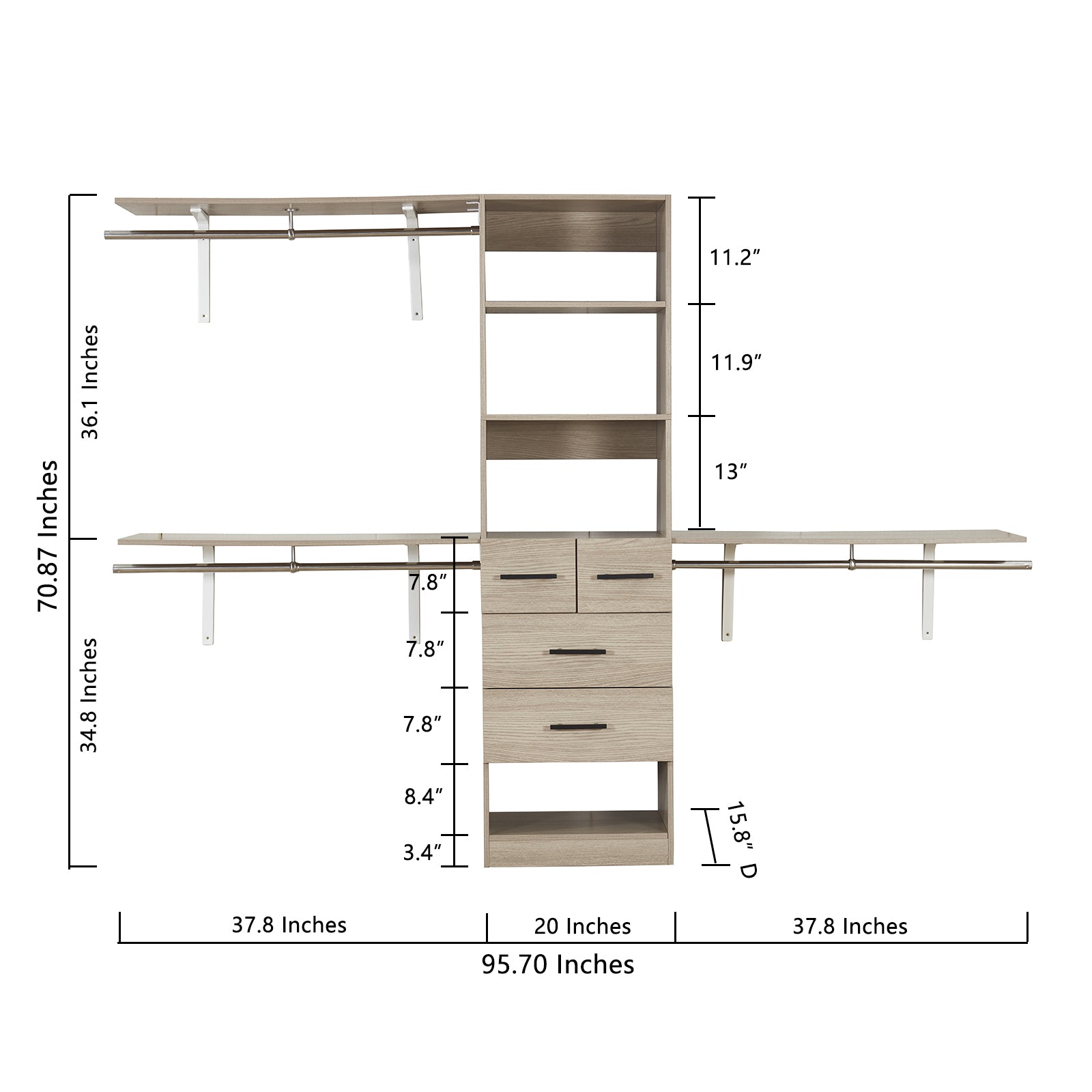 8FT Wood Closet System with Drawers & Doors - Built-In Wall-Mounted Organizer for Bedroom Clothes Storage