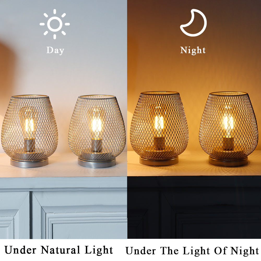6.7"H Set of 2 Metal Cage LED Lantern （Silver）-3