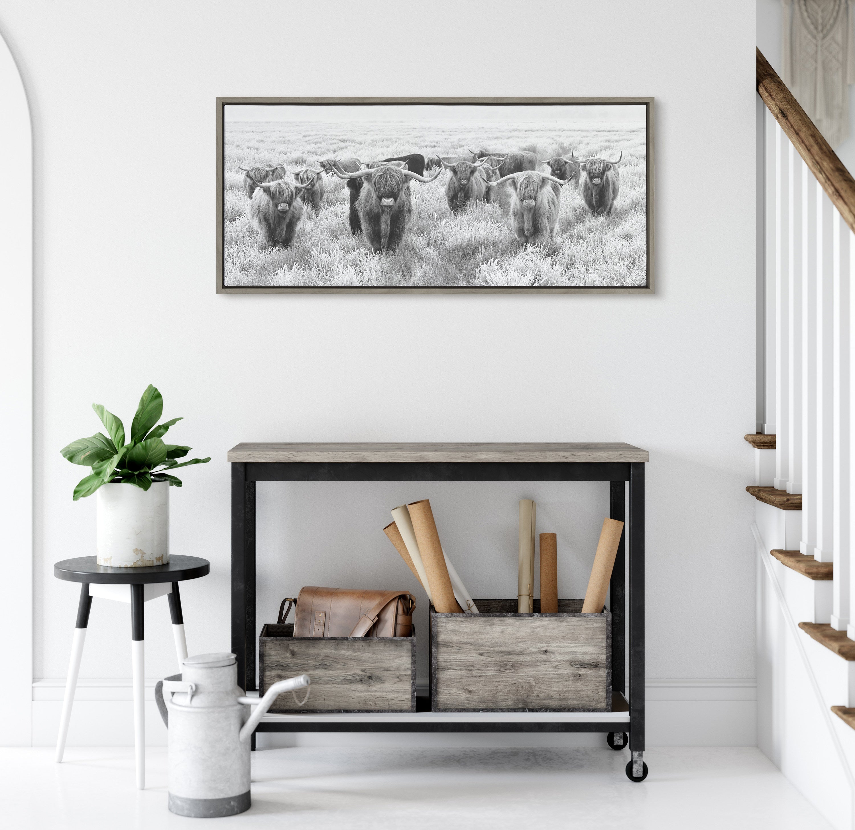 Sylvie Herd of Highland Cows Black and White Framed Canvas by The Creative Bunch Studio