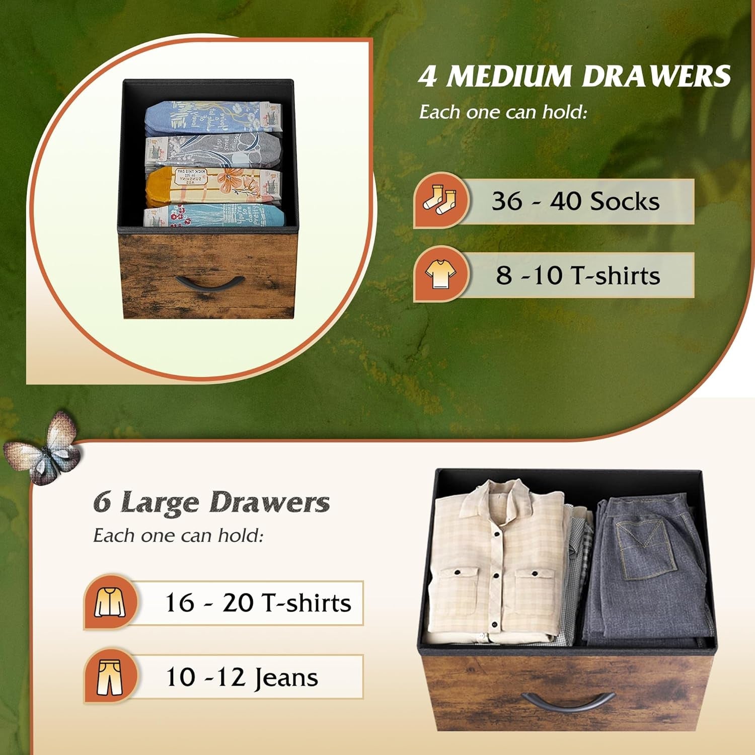 10 Drawer Fabric Dresser In Rustic Brown Wood Grain Finish