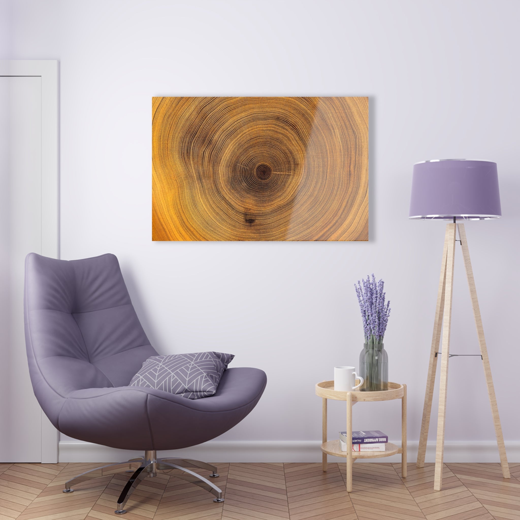 Wood slice, tempered glass wall art, painting on the white background