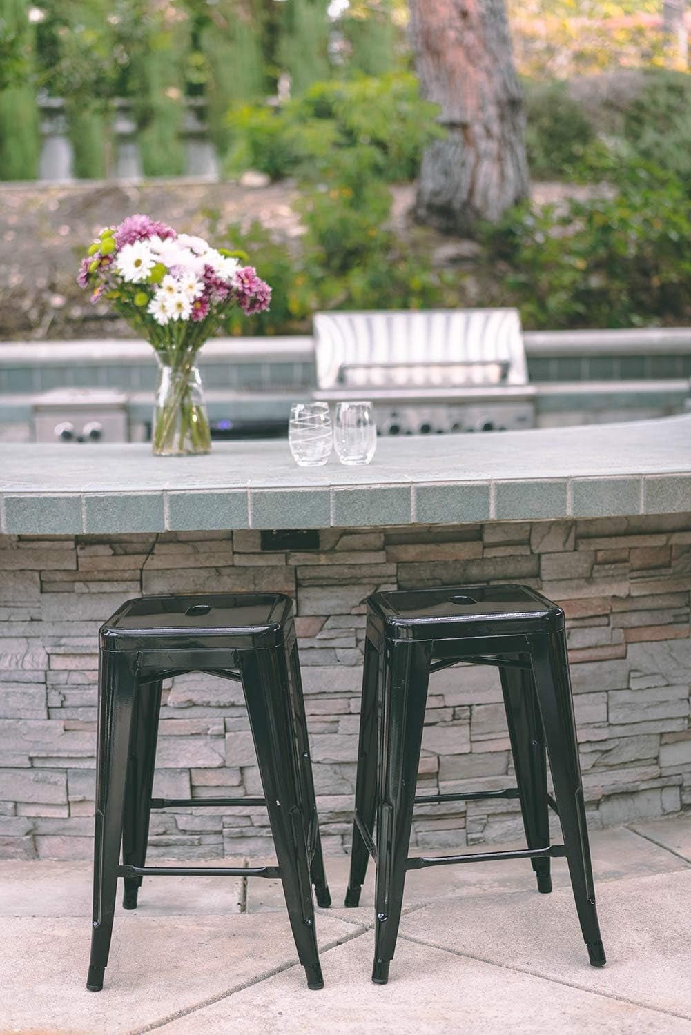 24 Inch Black Metal Bar Stools Set of 2 Backless Indoor Outdoor Square Seat Counter Height