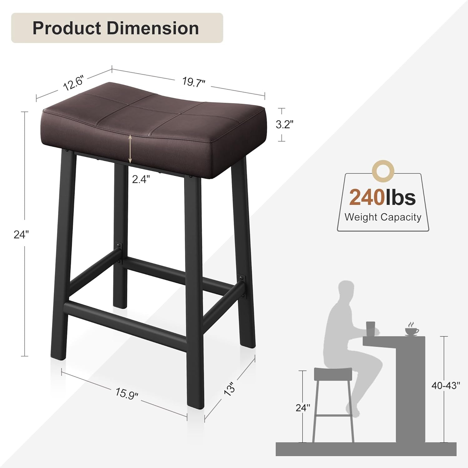 24 Inch Backless Saddle Bar Stools Two Pack, Counter Height Upholstered Padded Seats With Curved Surface, Brown