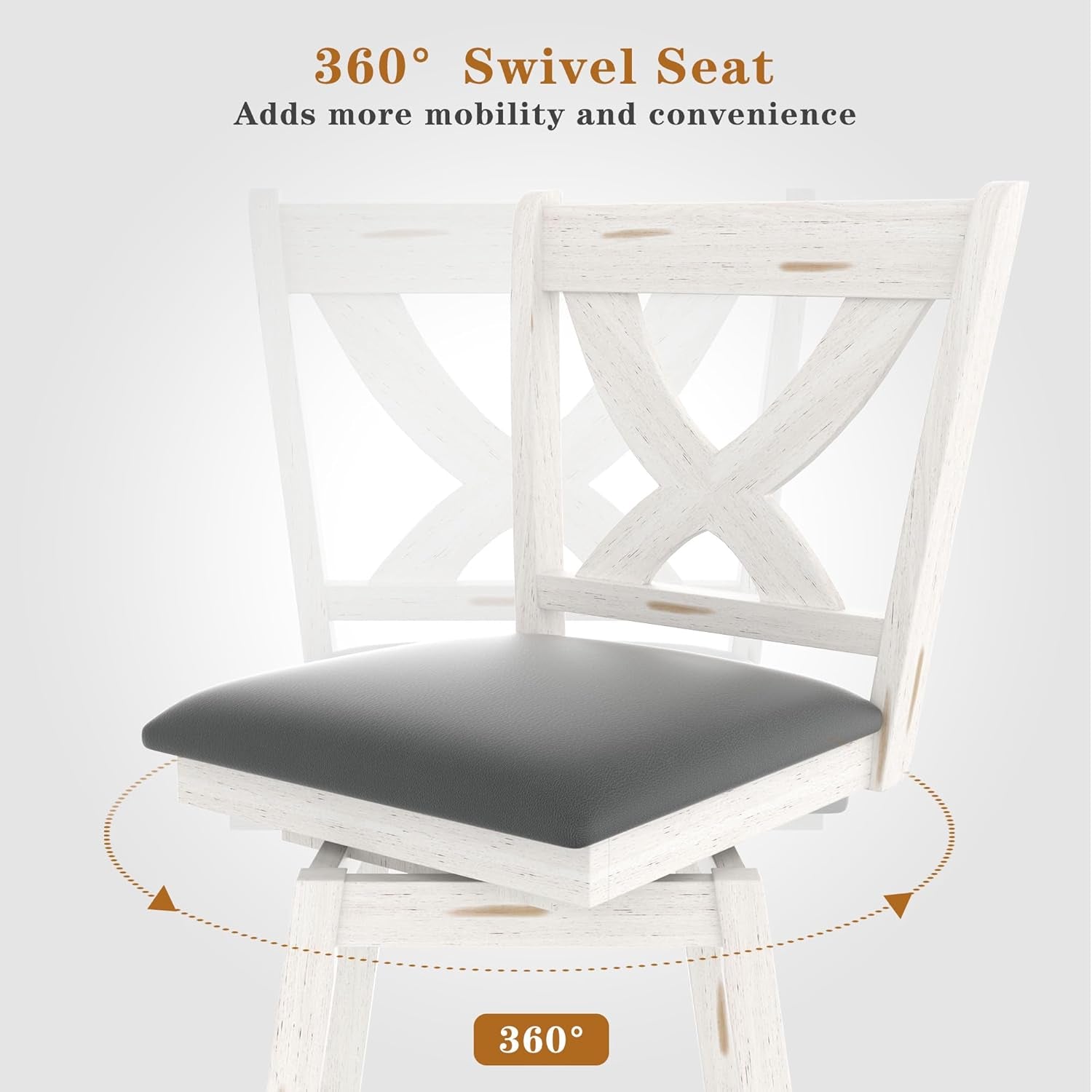 24 Inch Counter Height Bar Stools With 360 Degree Swivel And Grey Faux Leather Seat