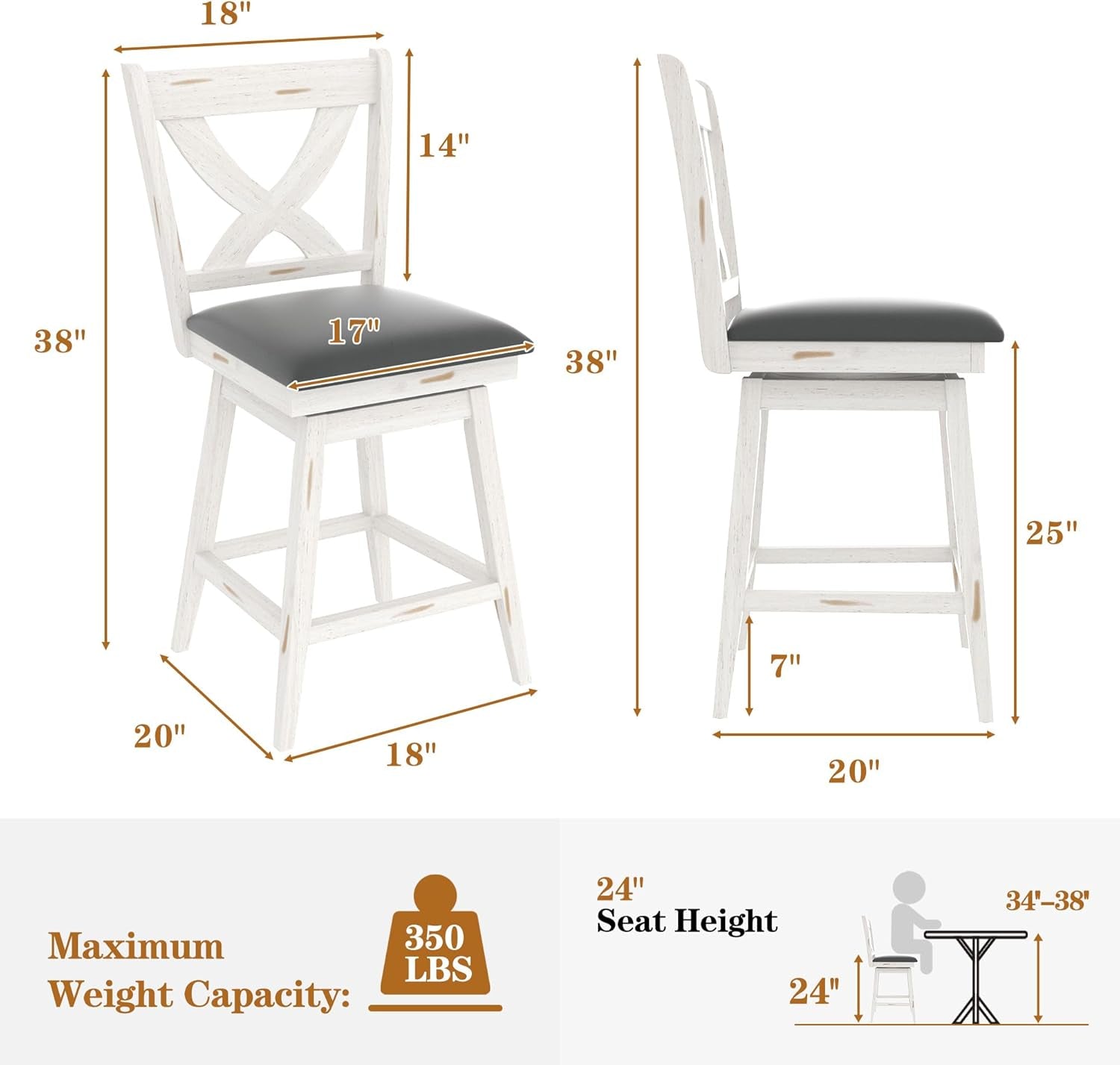 24 Inch Counter Height Bar Stools With 360 Degree Swivel And Grey Faux Leather Seat