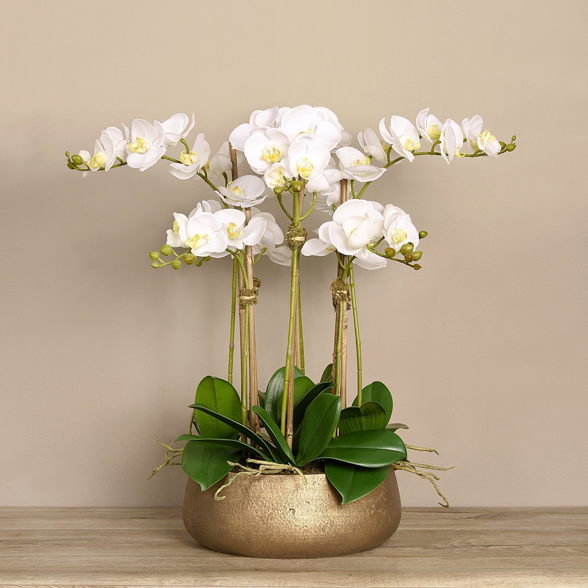 Faux white orchid arrangement in matte gold planter-1