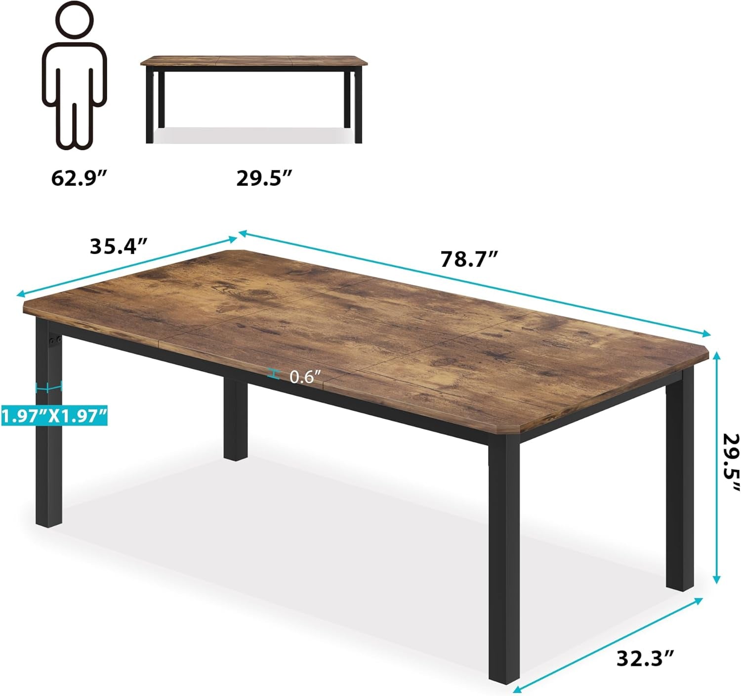 Industrial Wood Dining Table 78.7 Inches Long Brown Finish