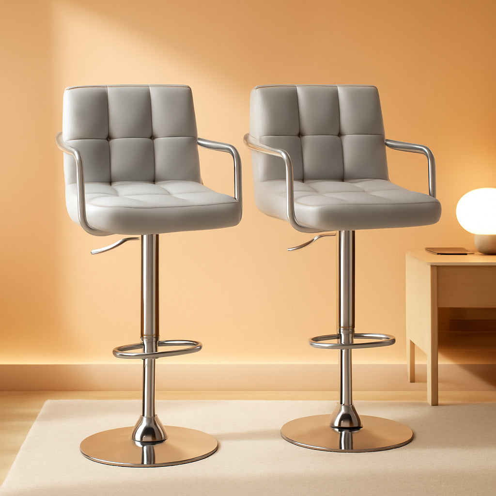 Light Grey Adjustable Swivel Bar Stools With Backrest, PU Leather, Set Of 2