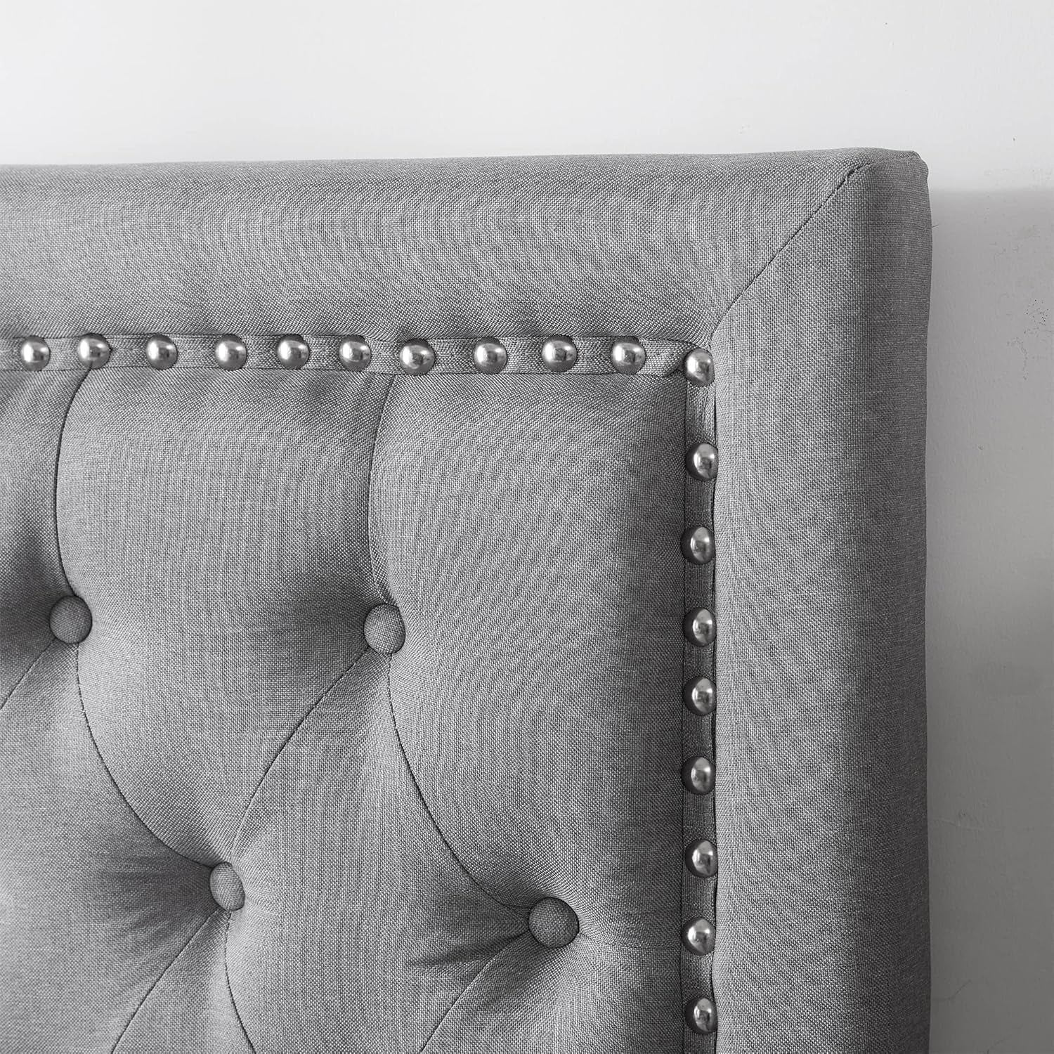Tufted Linen Gray Dorm Headboard with Nailhead Trim