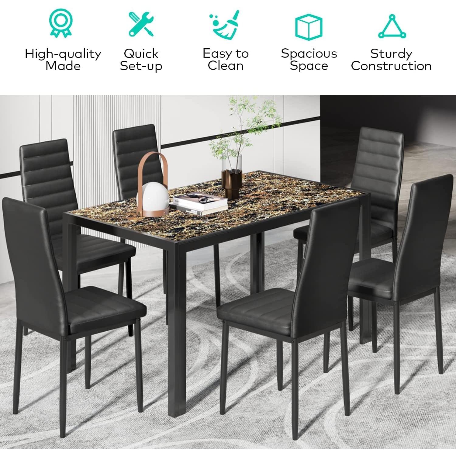 Glass Dining Table Set For 6 With PU Leather Chairs 7 Piece