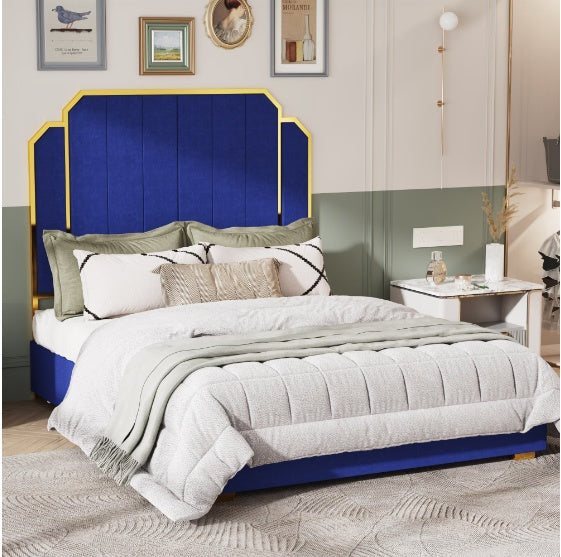 Queen Size Bed Frame &amp; 59.06" Headboard, Upholstered Bed with Gold Plating Trim, Modern Platform Bed Without Box, Navy Blue Queen Bed