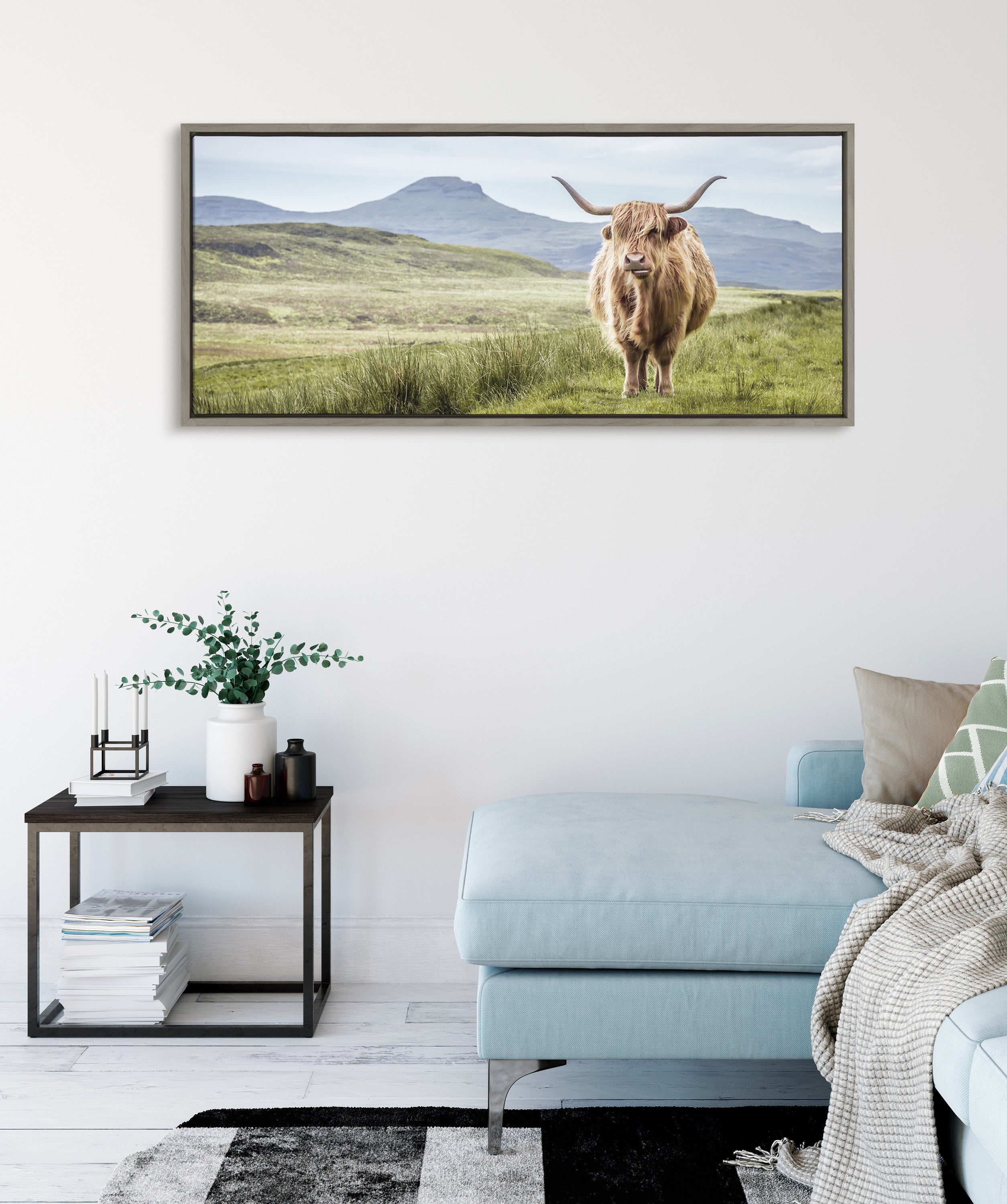 Sylvie Highland Cow Mountain Landscape Framed Canvas by The Creative Bunch Studio