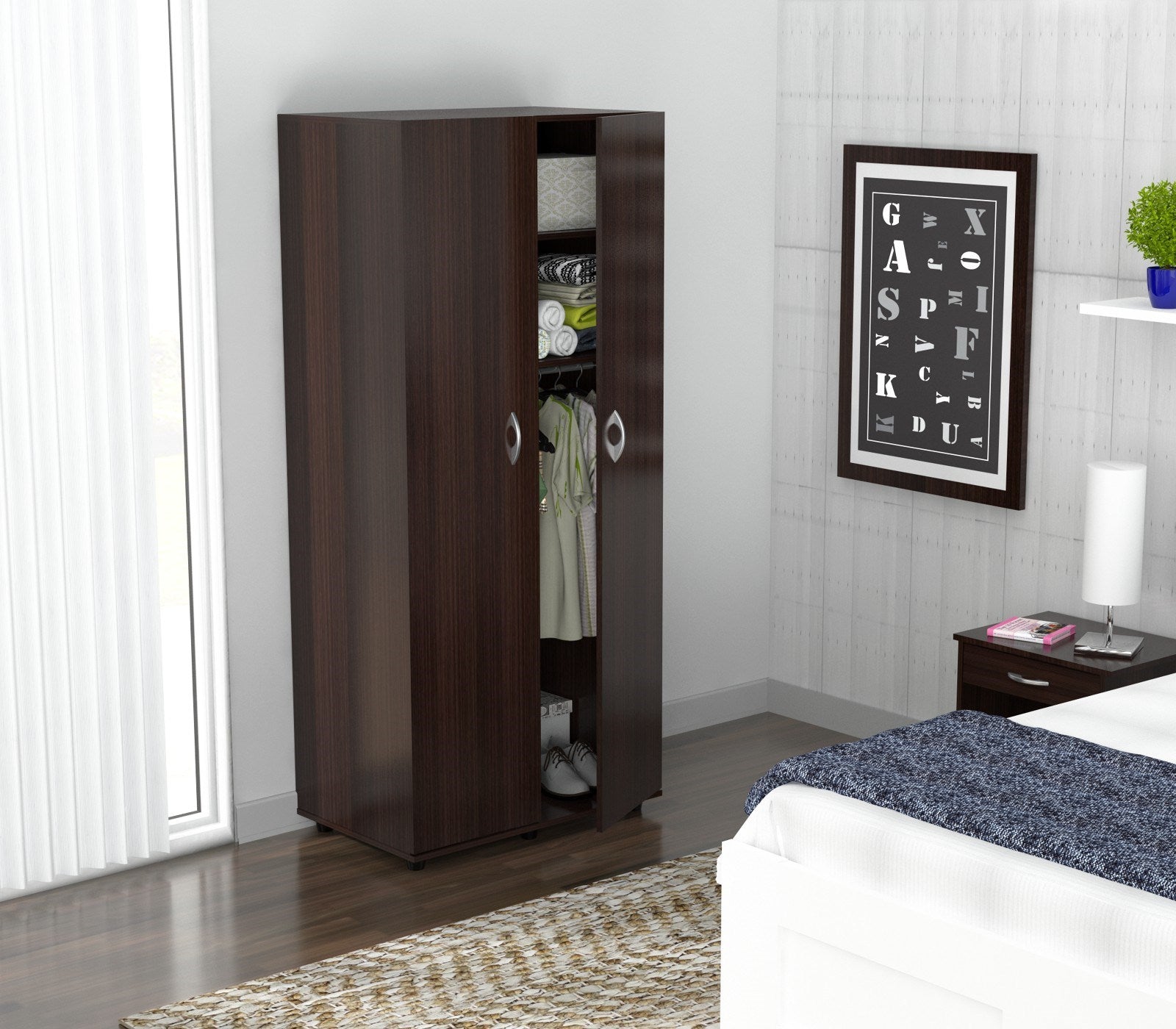 Espresso Finish Wood Wardrobe With Two Doors-7