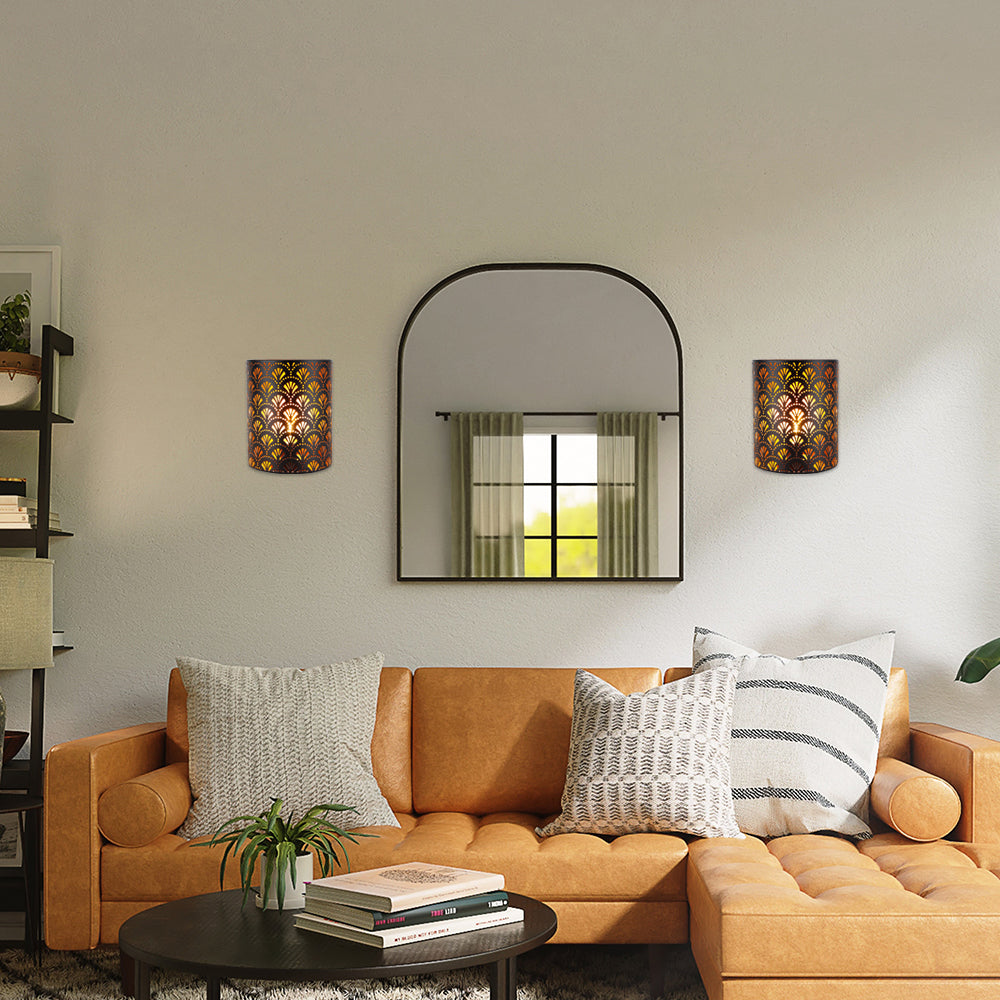 8''H Set of 2 Wall Sconce Lighting Metal Rustic Wall Mount Lamp with 6-Hours Timer(Flabellum)-2