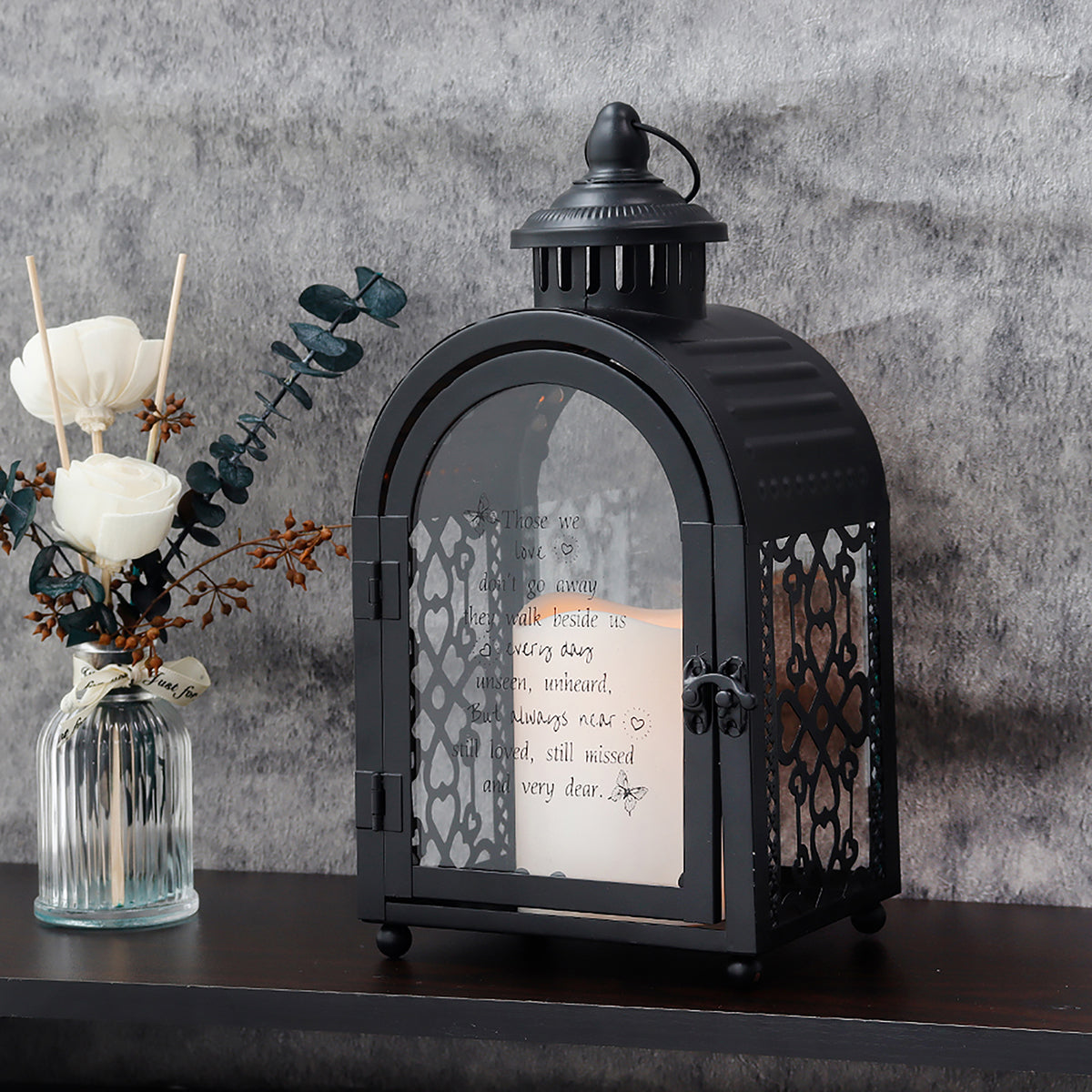 11''High Remembrance Lantern with Timer Candle Bereavement Sympathy Gift Memorial Lantern (Black)-3