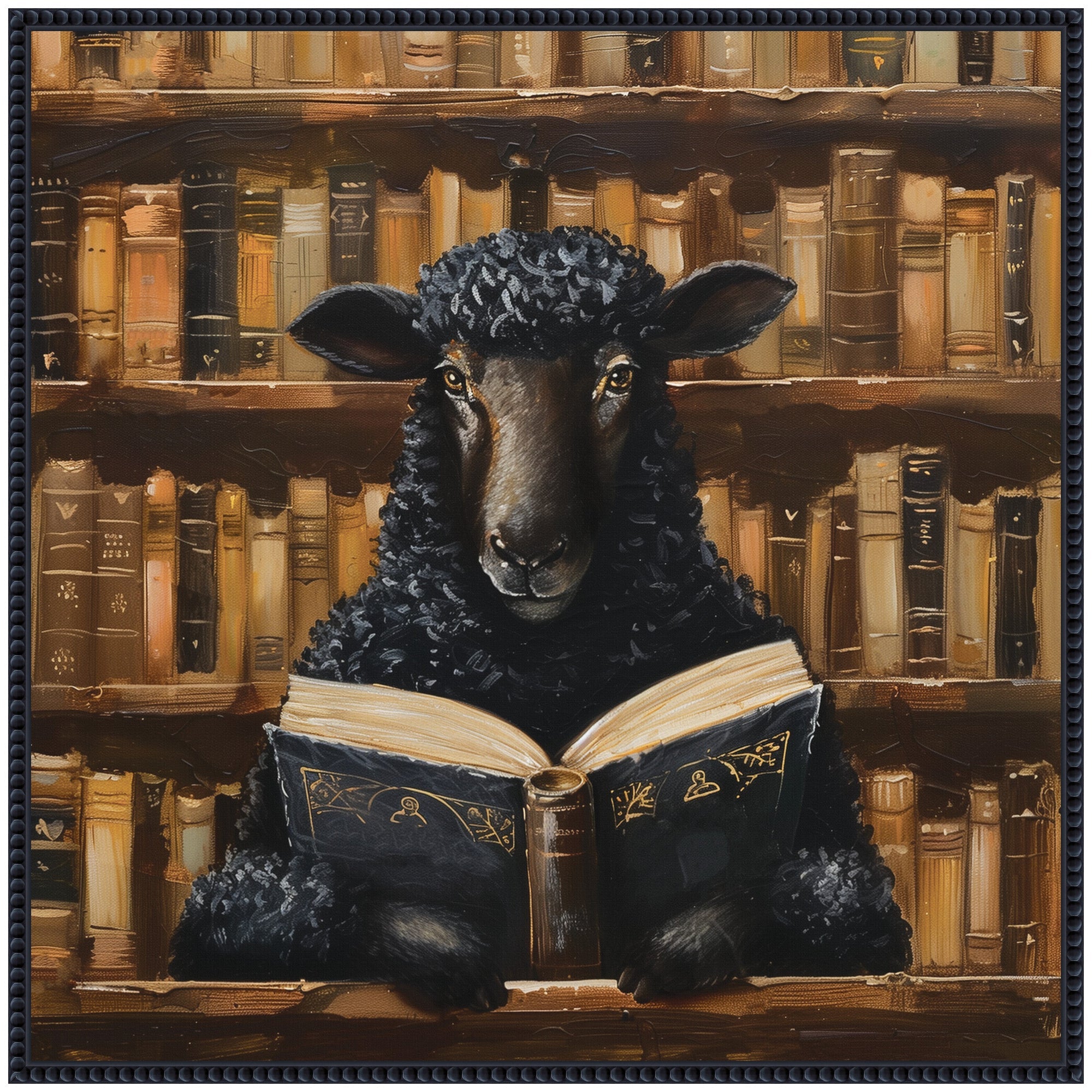 Sylvie Traditional Black Sheep Reading in Vintage Library Framed Canvas by The Creative Bunch Studio