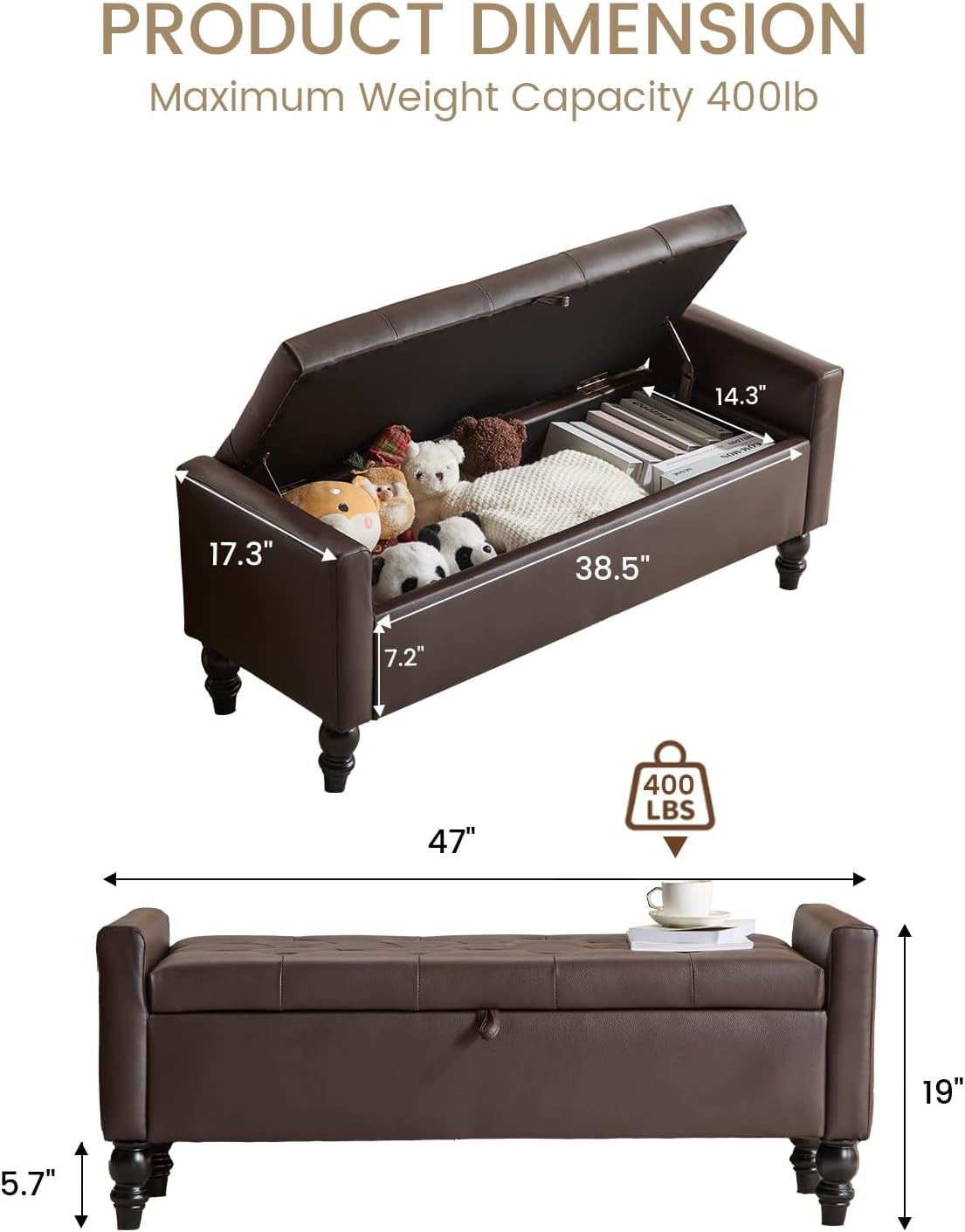 Brown Genuine Leather Storage Ottoman Bench Bedside