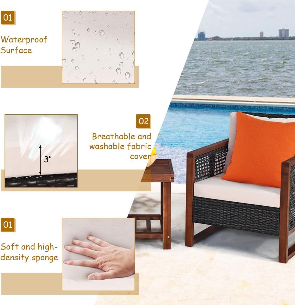 3 Piece Patio Wicker Furniture Set With Beige Washable Cushions And Acacia Wood Coffee Table