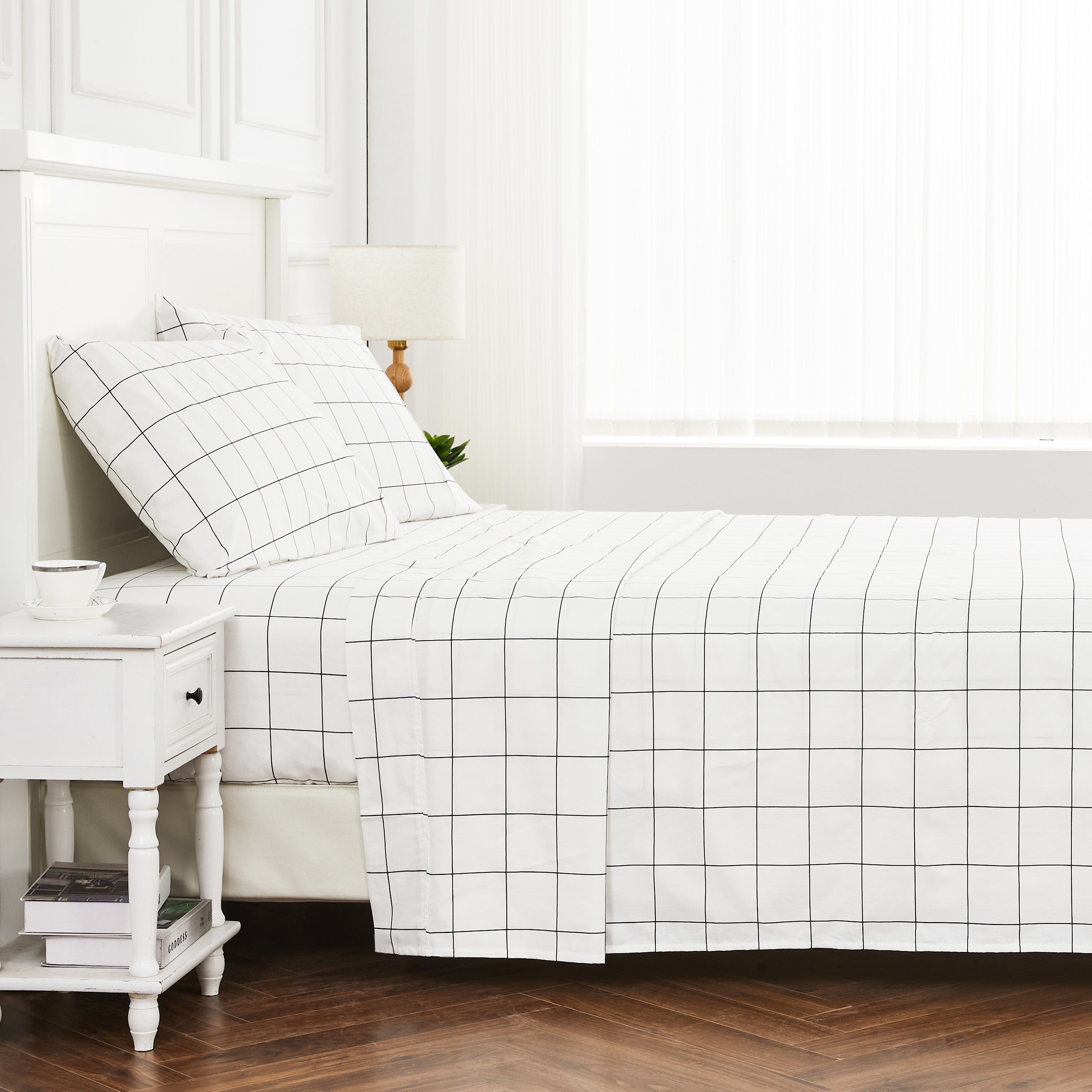 Grid Printed Cotton Percale Sheet Set