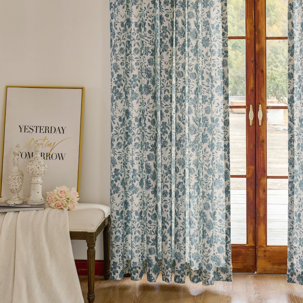 Lanka Blue & White Floral Printed Curtains
