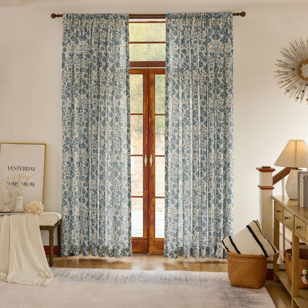 Lanka Blue & White Floral Printed Curtains