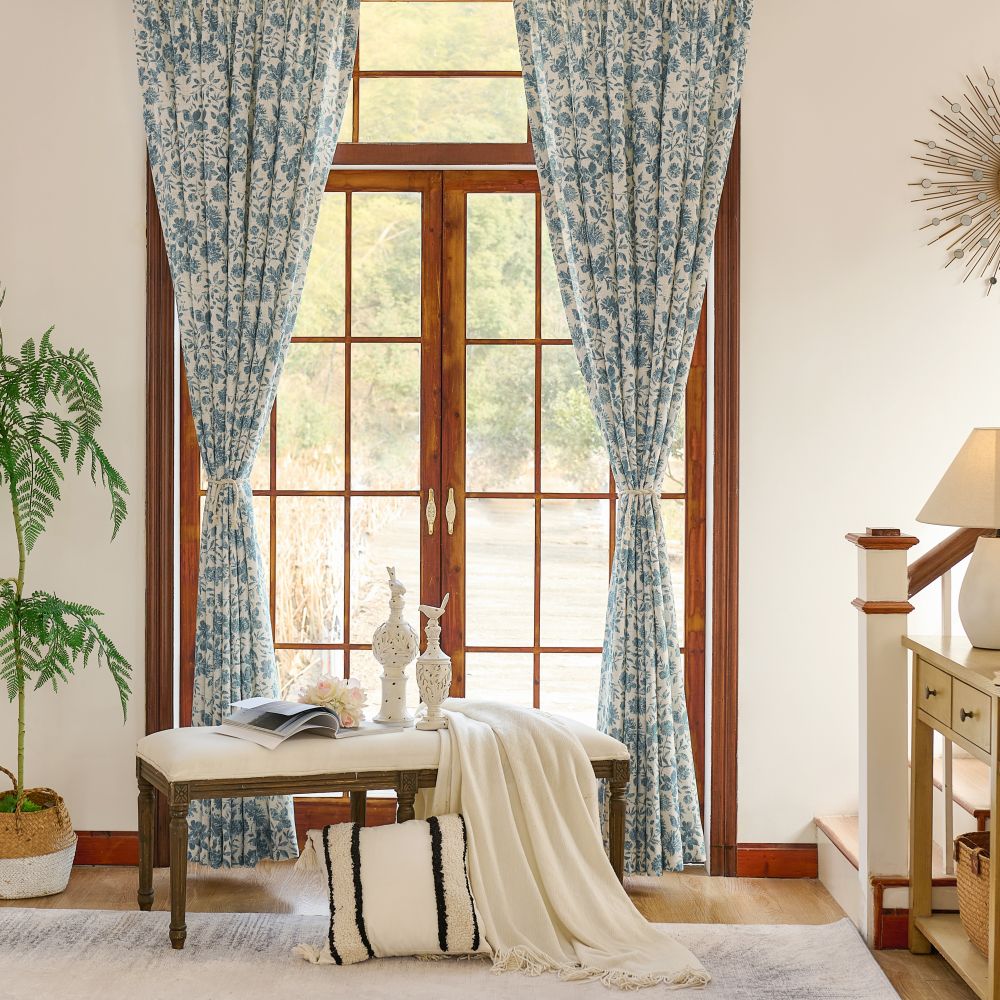 Lanka Blue & White Floral Printed Curtains