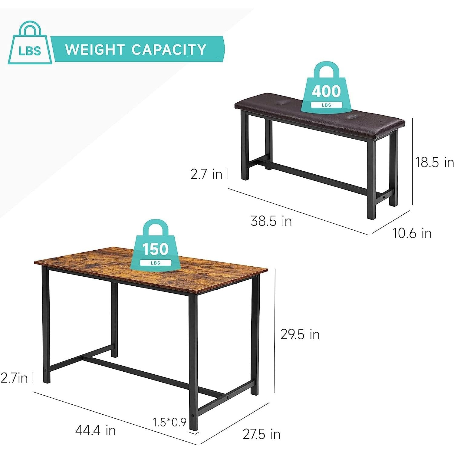 Rustic Brown Dining Table Set For 4 With Cushioned Benches