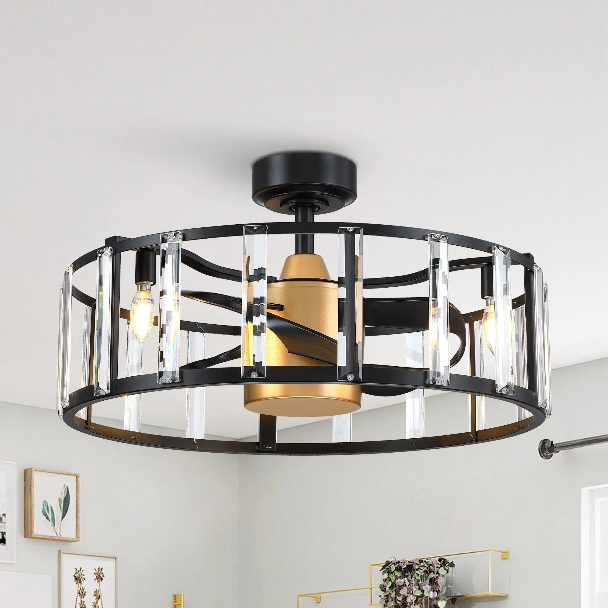 27" Modern DC Motor Downrod Mount Reversible Crystal Ceiling Fan with Lighting and Remote Control